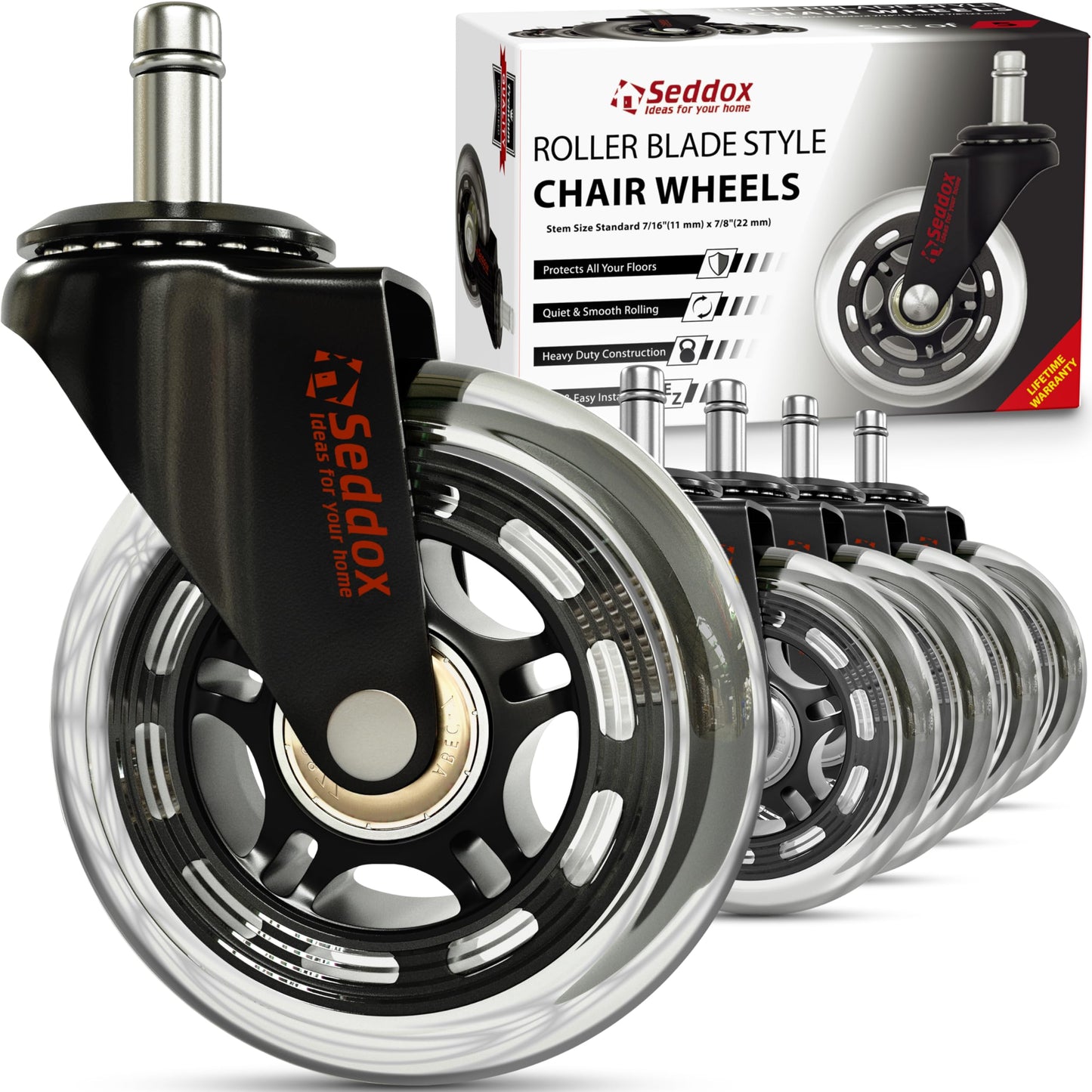 Office Chair Wheels Gift Set of 5 for - Protect All Your Floors - 3'' Heavy Duty Replacement Rollerblade Rubber Desk Chair Casters - Best Protection for Your Hardwood Floors