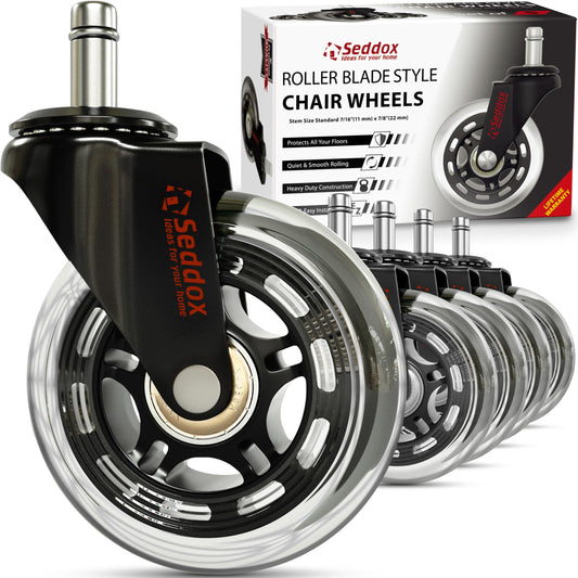 Office Chair Wheels Gift Set of 5 for - Protect All Your Floors - 3'' Heavy Duty Replacement Rollerblade Rubber Desk Chair Casters - Best Protection for Your Hardwood Floors