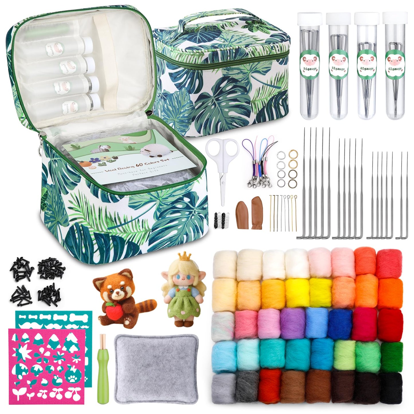Needle Wool Felting Starter Kit with Exquisite Green Storage Bag, Wool Roving 40 Colors Set, Tools for Felted Animal Needle Felting Supplies