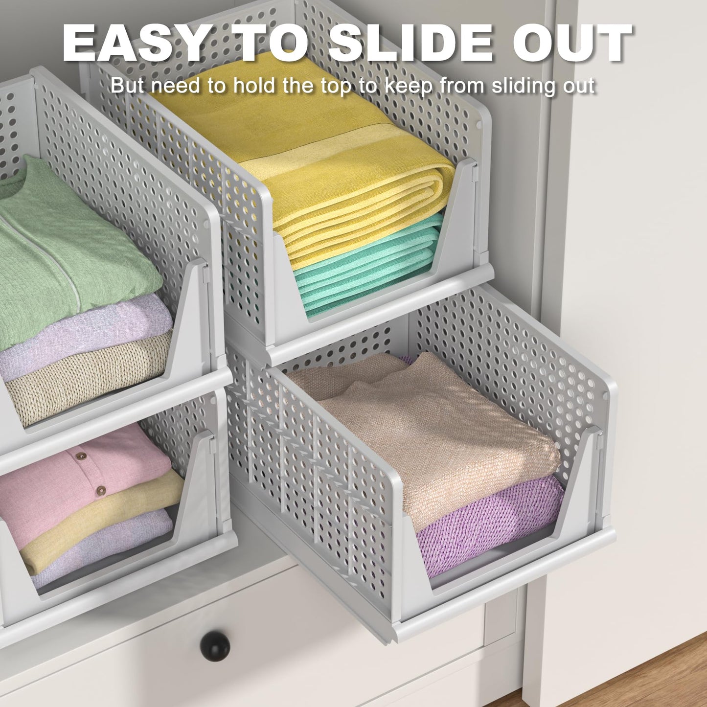 Stackable Plastic Storage Basket , Foldable Closet Organizers and Storage Bins, Drawer Organizer for Clothes, Storage Box for Wardrobe Kitchen Bathroom Office Dorm - 4 Pack XL