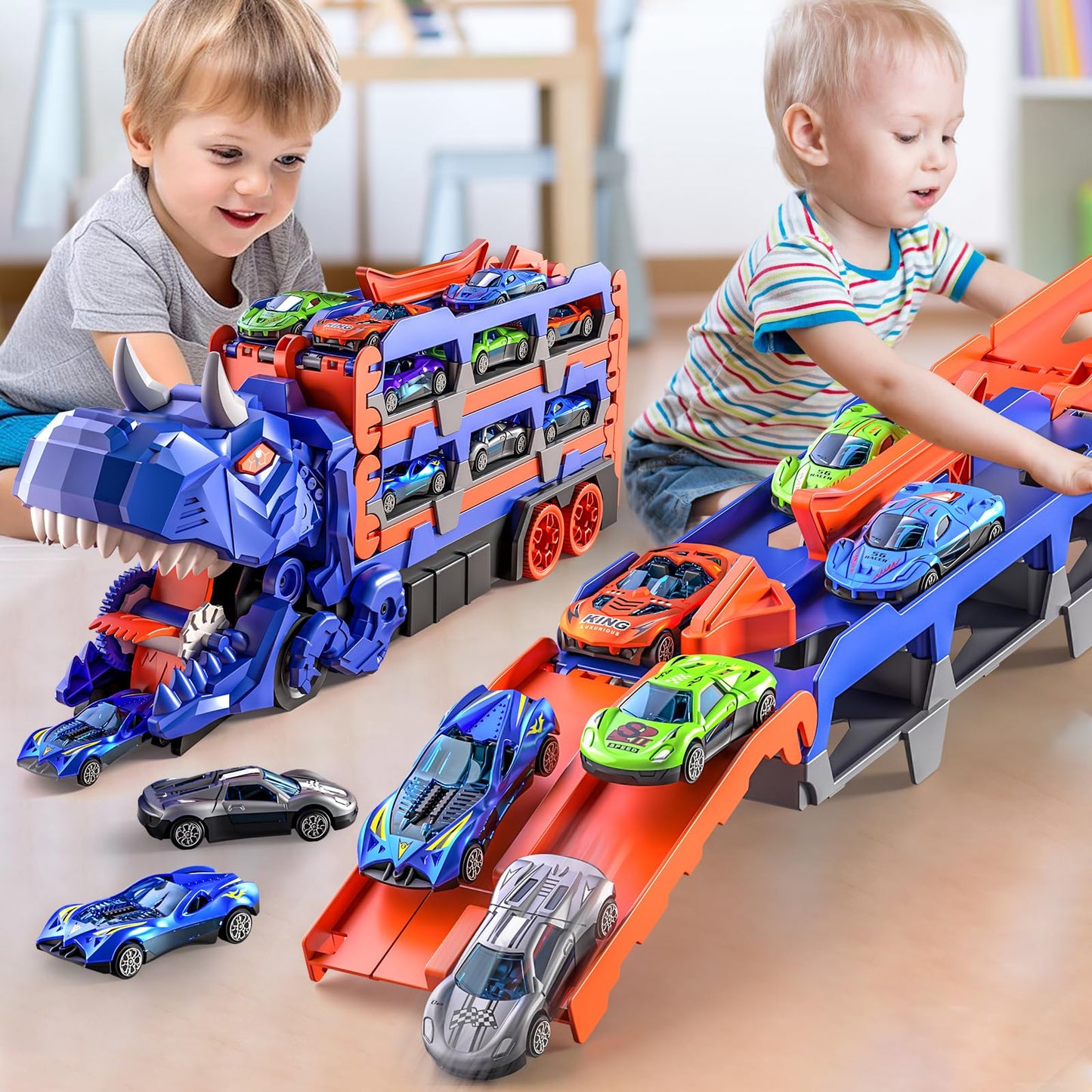Car Toy Track Set Dinosaur Transport Truck with 12 Pcs Die-Cast Cars Toys, Transforms into Dino, Toddler Car Truck Toys Gifts for 3 4 5 Years Old Boys, Birthday Gifts for 3 4 5 6 Year Old Boys