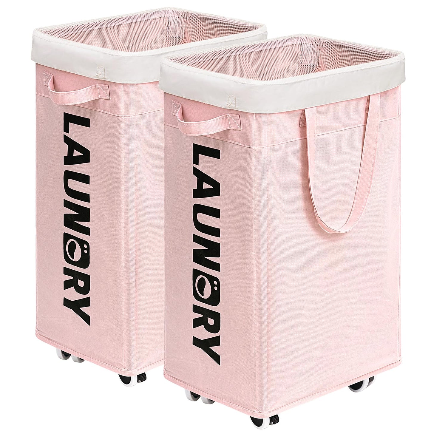 Goodpick Pink Laundry Baskets with Wheels 2-Pack, 75L Rolling Laundry Basket with Removable Wash Bags, Large Laundry Hamper for Corner Dorm, Collapsible Laundry Basket on Wheels