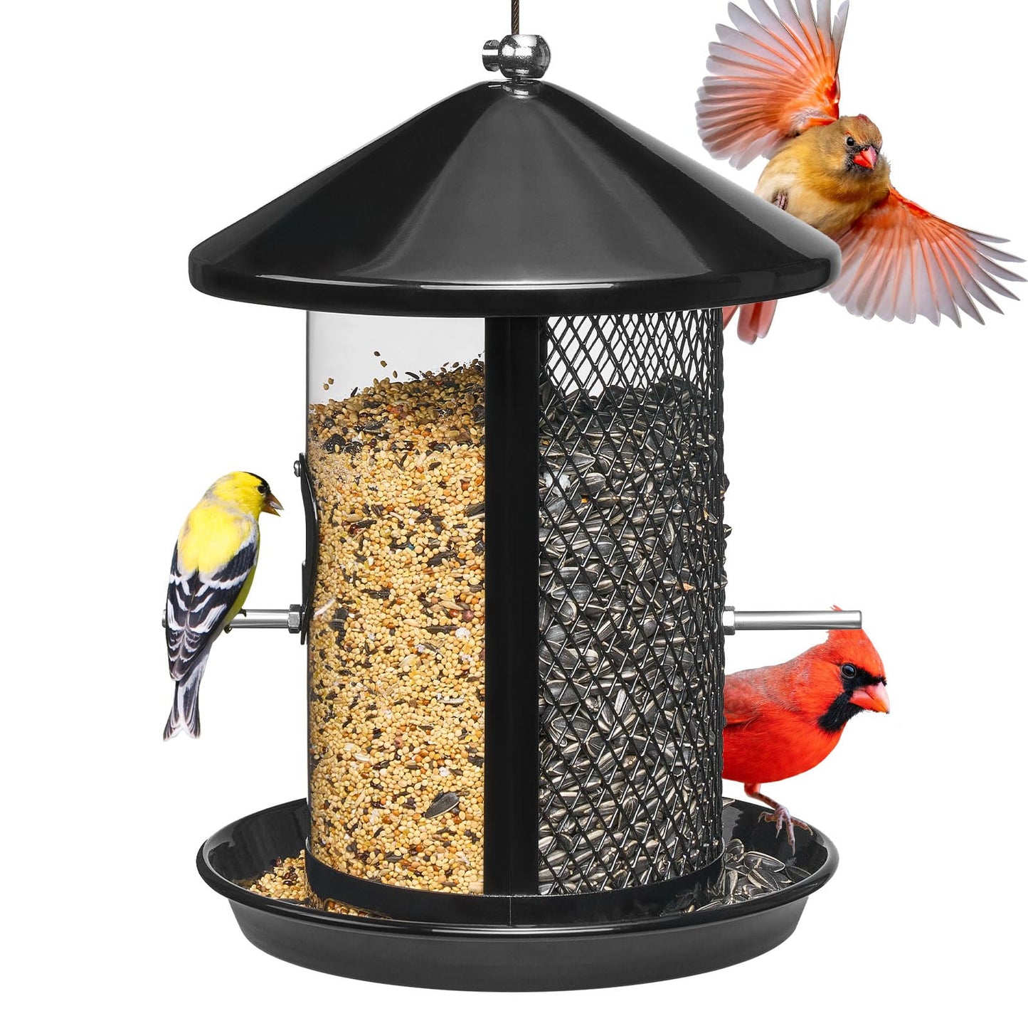 Kingsyard Metal Bird Feeder for Outdoor Hanging - Chew Proof Wild Bird Finch Cardinal Feeder with Dual Chamber of 4 lbs Capacity for Bluebird, Black