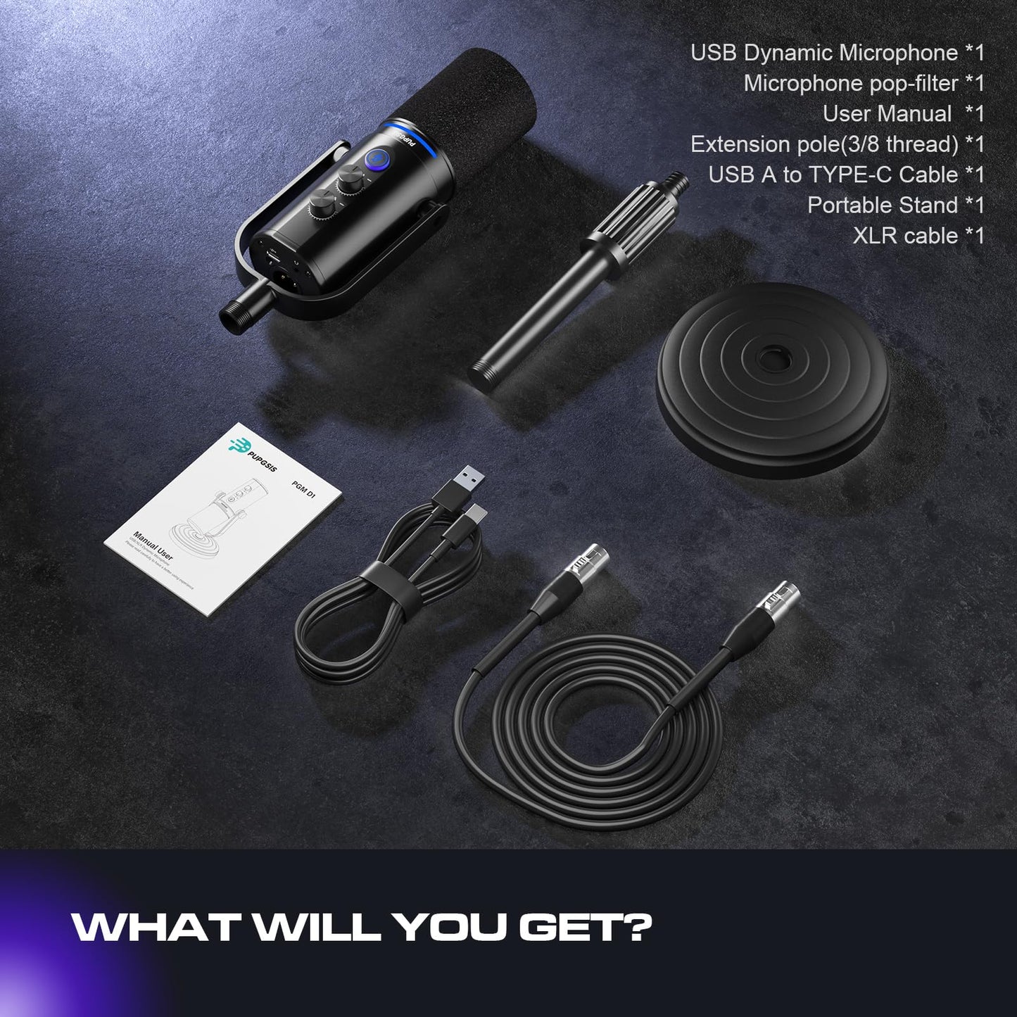 PUPGSIS USB/XLR Dynamic Microphone, 24Bit/96kHz Studio Recording, Gaming Mic with RGB, Mute, Noise Cancellation & Headphone Jack for PC, Podcast, Streaming, Singing (Black)