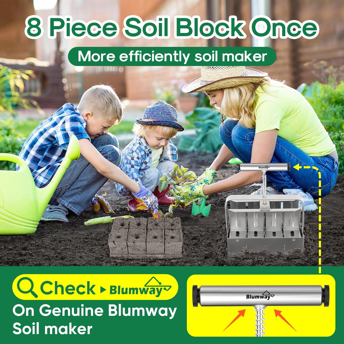 BlumWay Upgraded Soil Blocker, 8 Cell Seed Blocker 2 inch Quad Soil Block Maker Manual with 3 Types of Block Pins, Hand-held Soil Blocking Tool for Seed Stater Tray Outdoor Plants