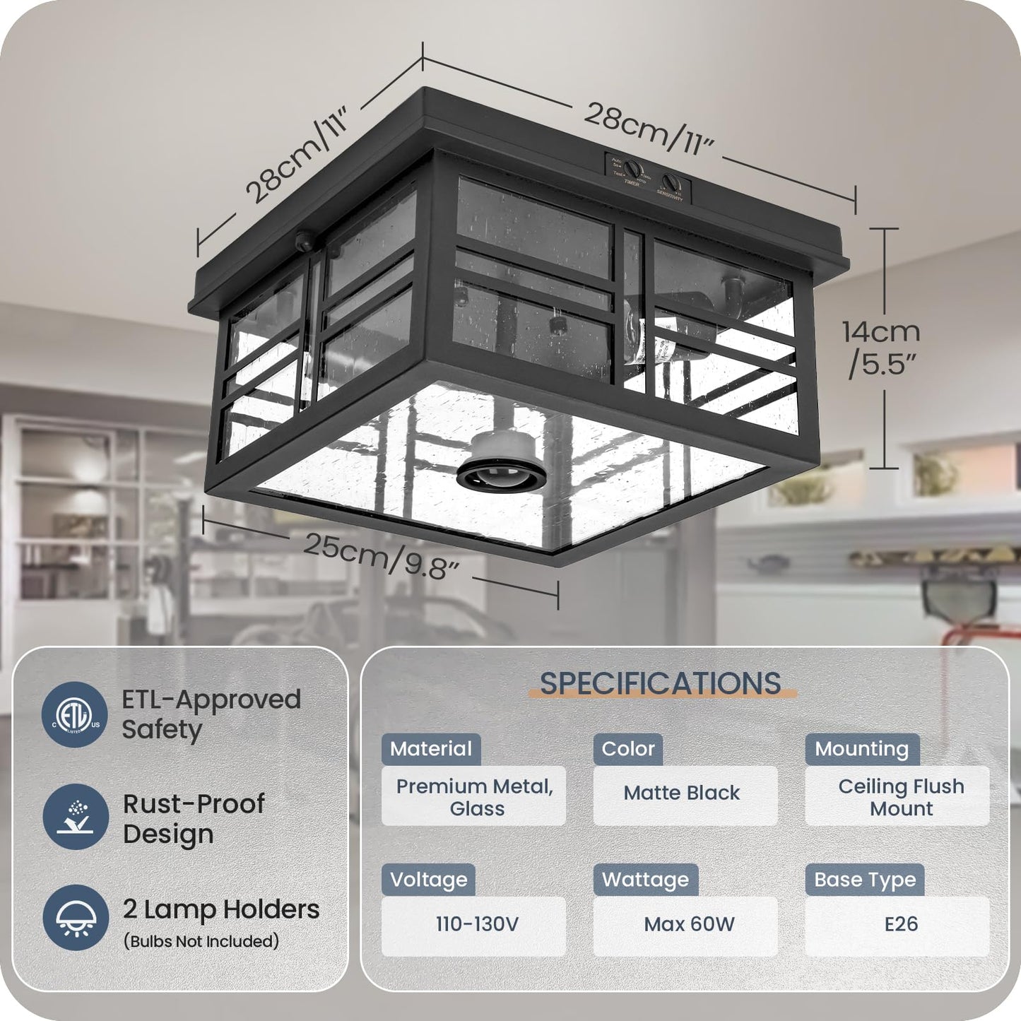 GOEBLESON Infrared Sensor Outdoor Ceiling Light, Flush Mount Motion Sensor Ceiling Light, 2-Light Black with Bubble Glass, Bulbs Not Included, 4 Modes, for Porch, Garage, Hallway, Patio, BQ08XD05W1