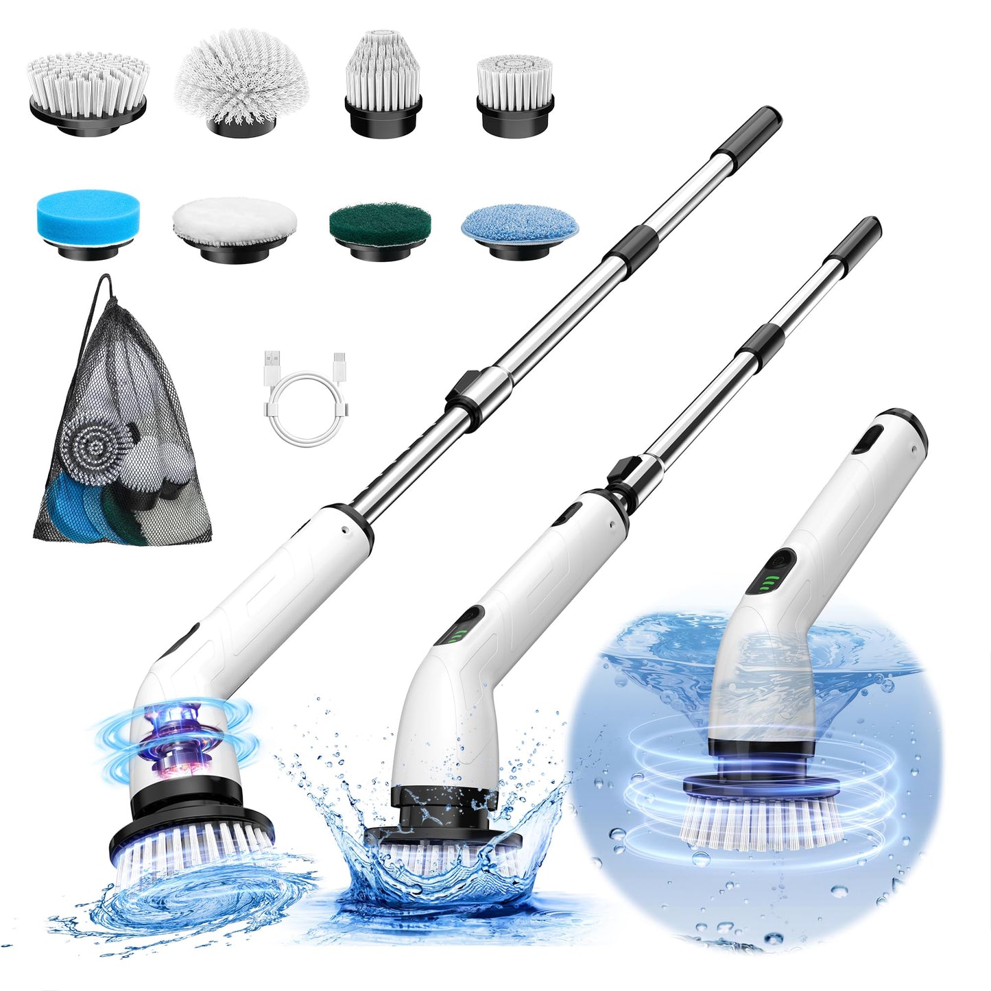 Keimi Electric Spin Scrubber, New Full-Body IPX7 Waterproof Cordless Bathroom Scrubber with 8 Replaceable Heads, Upgraded Extension Handle, Shower Cleaning Brush for Bathtub, Tile, Floor, Black