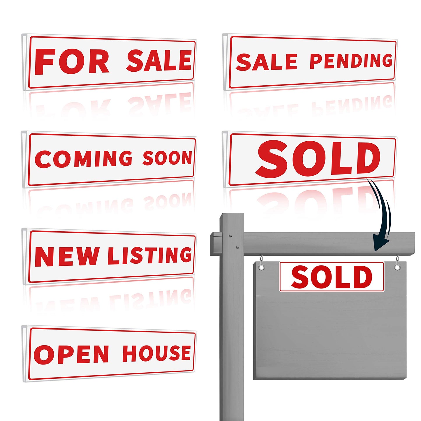 6 Pack Real Estate Sign Riders Sleeves, 17" x 5" Double Sided PVC Plastic Signs - For Sale, Open House, Coming Soon, New Listing, Sales Pending - Real Estate Agent Supplies
