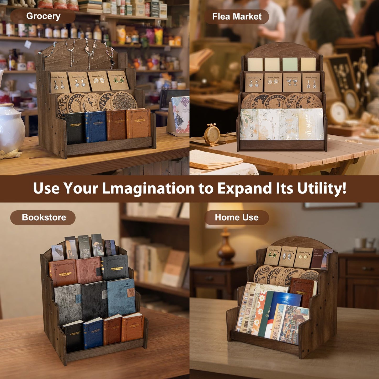 Greeting Card Display Stand, Wooden 4-Tier Postcard Display Stand Holder for Sticker, Vendors, Retail Stores, Brown