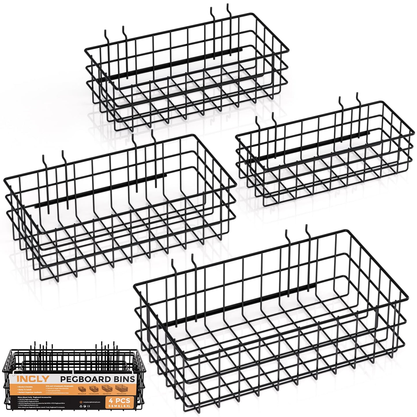 INCLY 4 Pack Pegboard Baskets Bins Set, 4 Size Square Style Black Metal Wire Pegboard Bins for Peg Board Organizing Tools, Peg board Accessories for Workbench Garage Wall Storage Attachments