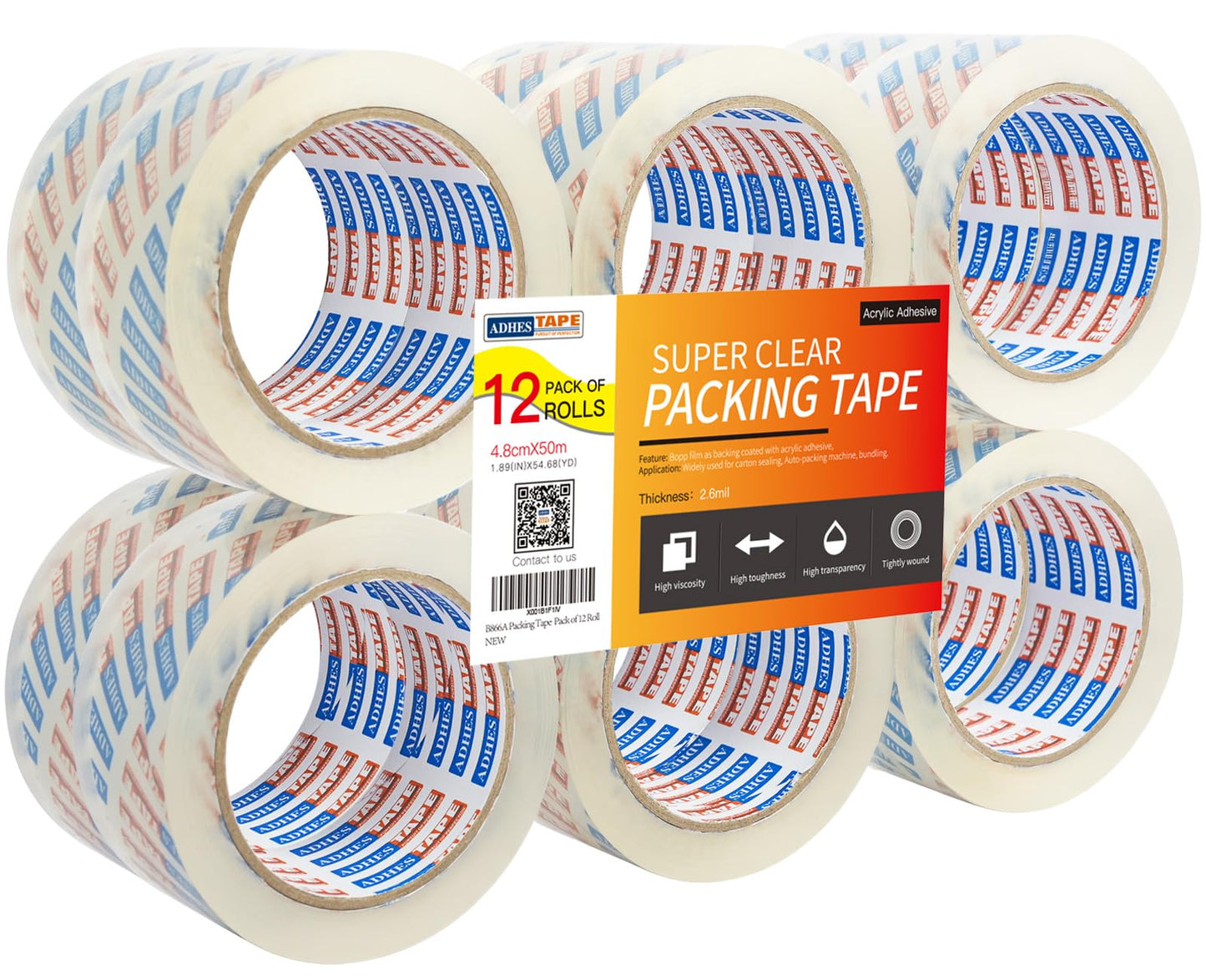 ADHES Heavy Duty Packing Tape Clear Packaging Tape for Moving Shipping Boxes, Box Tape Rolls Refills, Total Length of 600M with 4.8cm Width,2.6Mil Thickness
