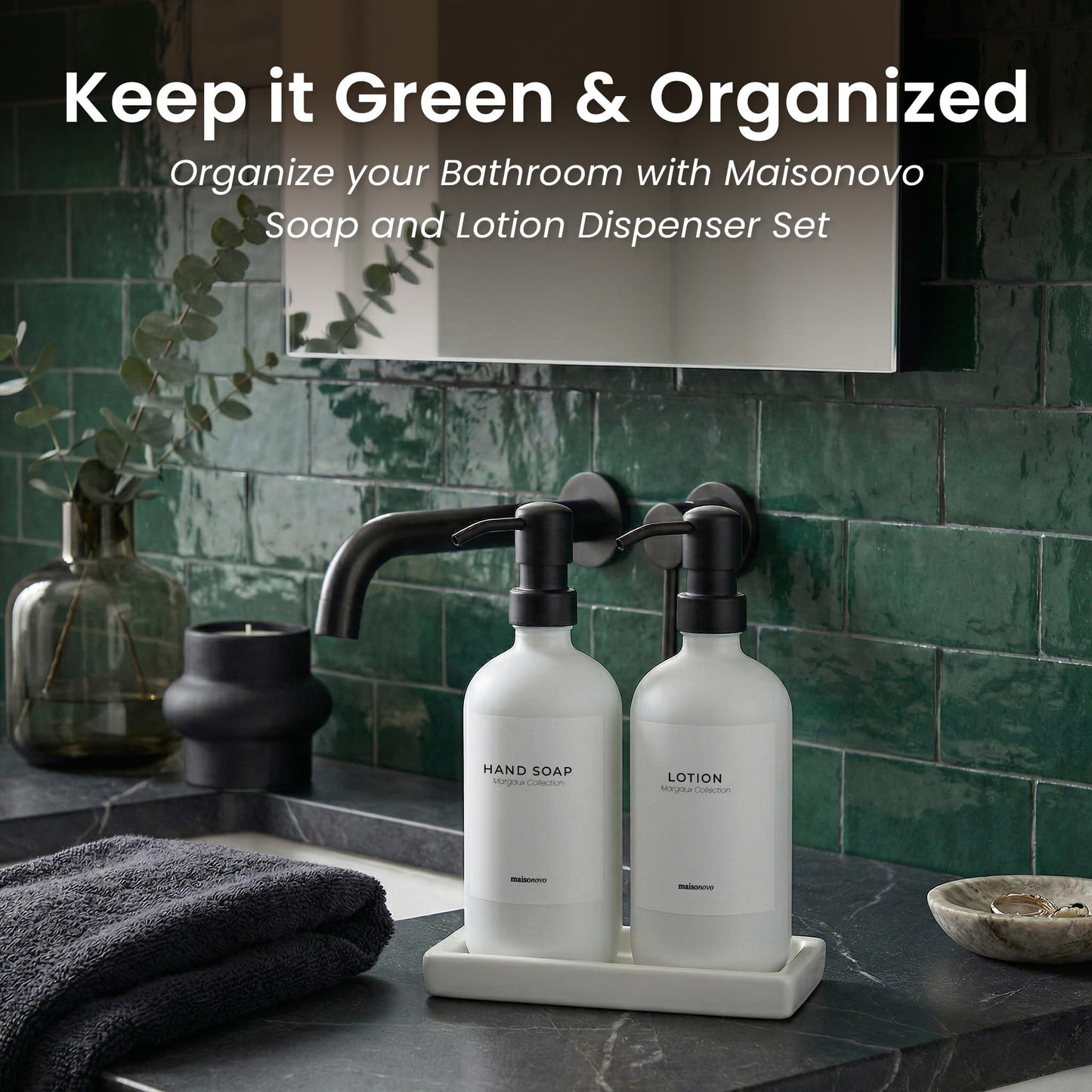 MaisoNovo Bathroom Soap Dispenser Set - Soap and Lotion Dispenser Set with White Soap Dispenser, Black Pumps & Concrete Tray