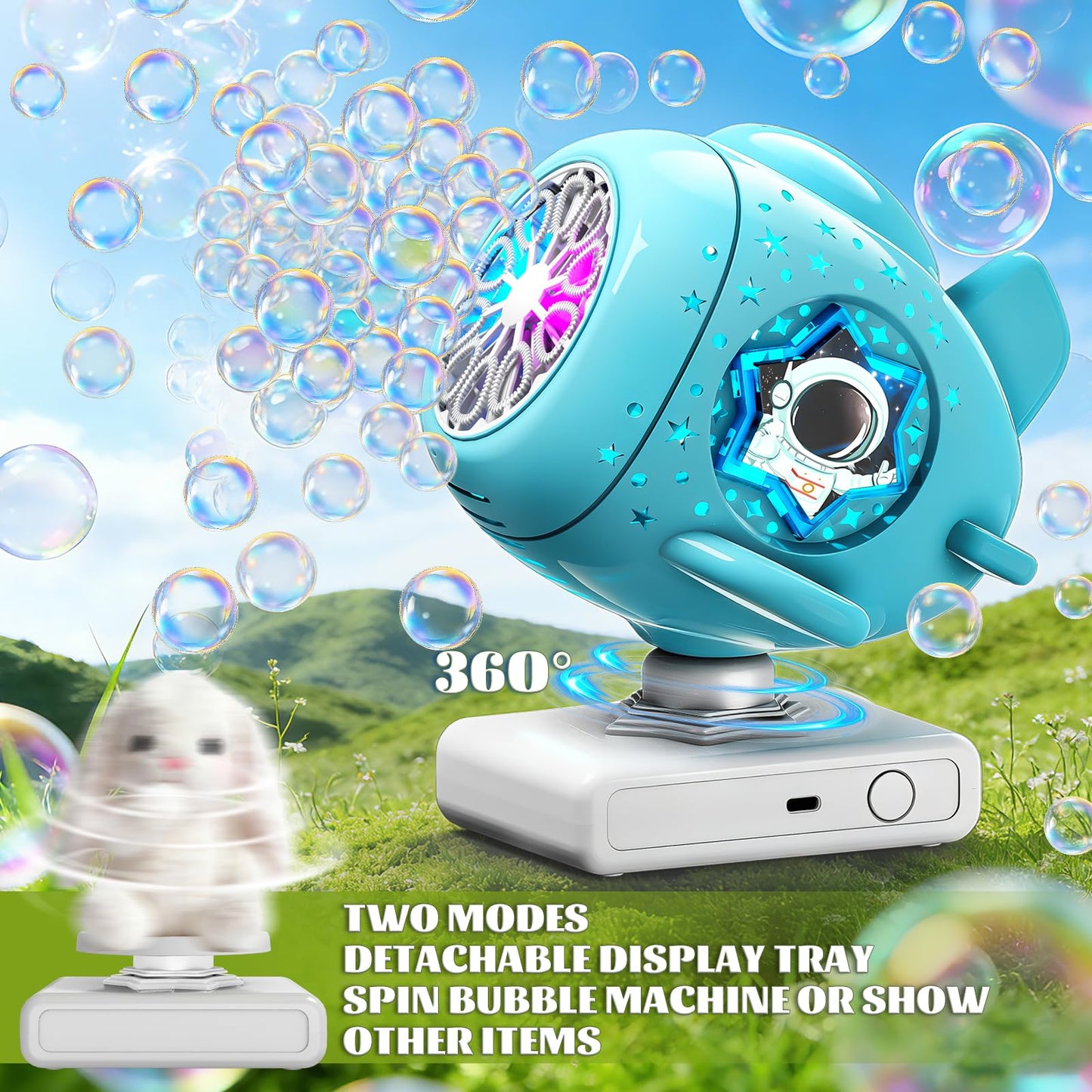 Sitodier Rechargeable Bubble Machine, Automatic 360° Rotatable Bubble Maker Toys with Light, Spaceship-Shaped Bubble Blower for Kids Toddlers, Easter, Birthday, Parties, Wedding, Outdoor Activities