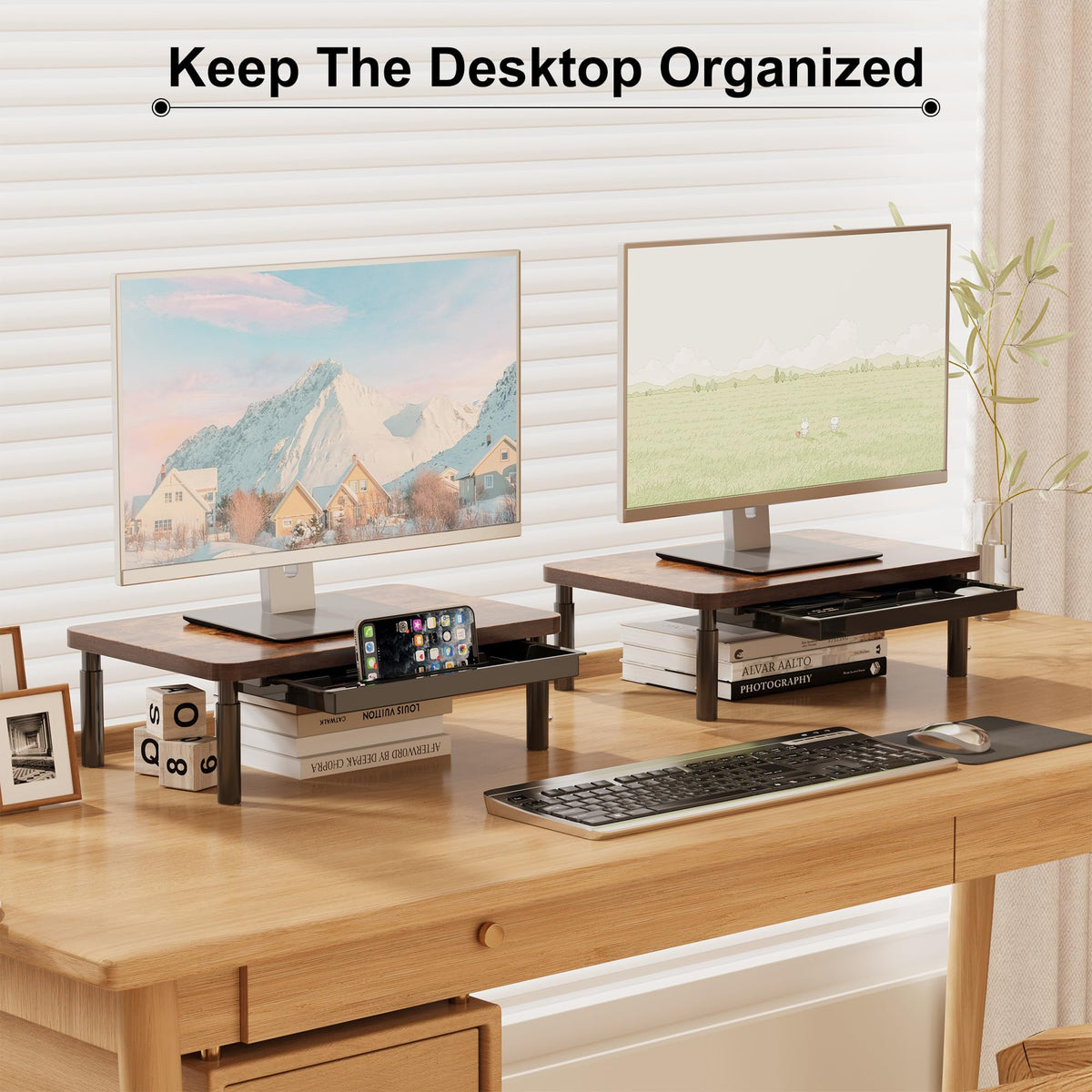 ETHU Monitor Stand for Desk, 3 Height Adjustable Computer Monitor Riser with Storage Drawer, Wood Computer Monitor Stand for Office and Home, Ergonomic Desk Stand for Printer, Laptop, PC (Walnut)