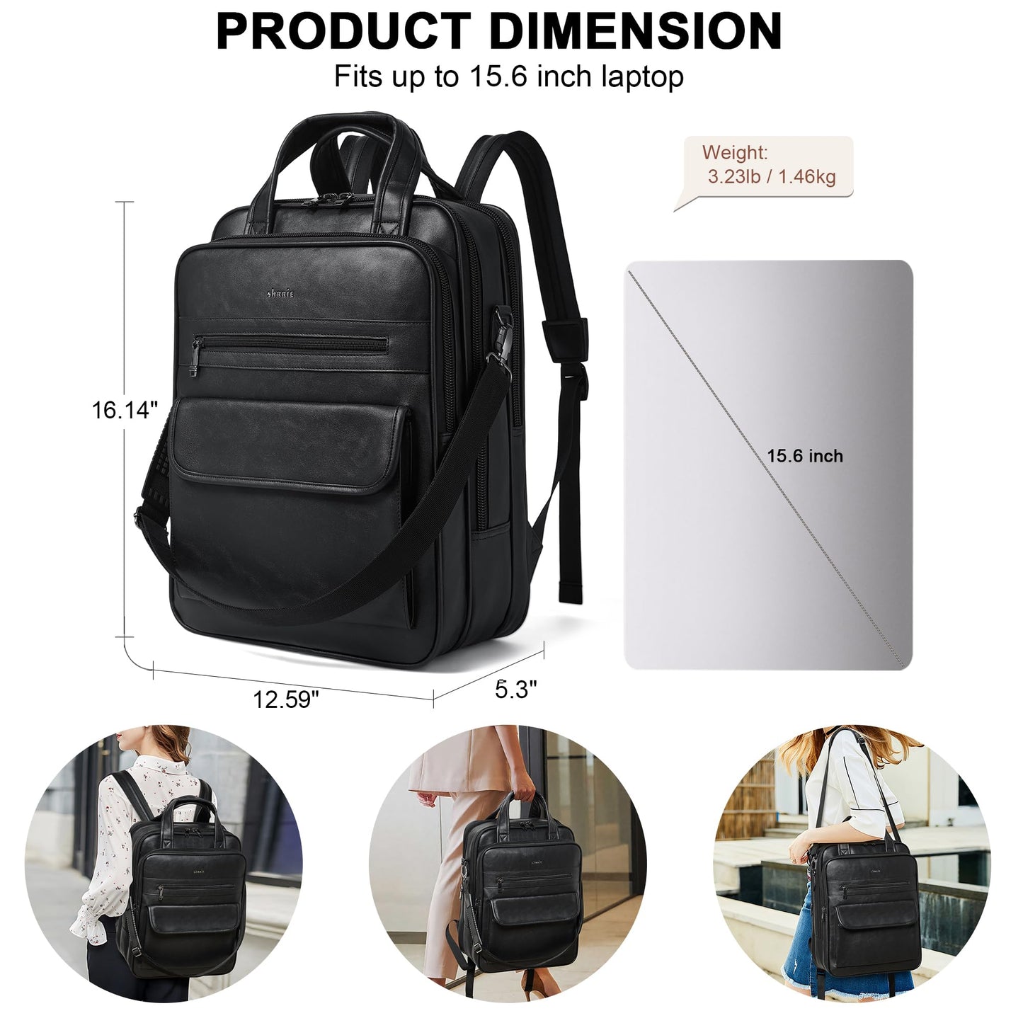 Laptop Backpack for Women and Men, 15.6 Inch Vegan Leather Computer Backpack Professional Water-Resistant Casual Daypack for Work Business College Travel Office,Two-toned Black