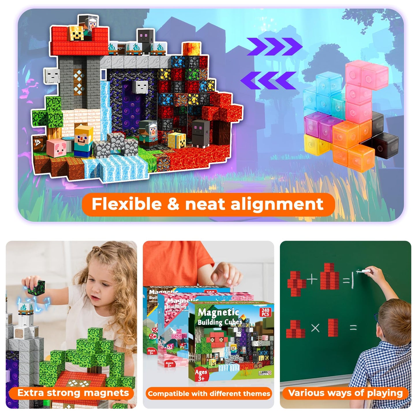 Annexfun Magnetic Blocks - 240PCS Magnetic Building Blocks for Kids Magnet Cubes Toy for Boys Girls STEM Building Sensory Stacking Constructions Toys Christmas Birthday Gifts for Kids Aged 4 5 6-10