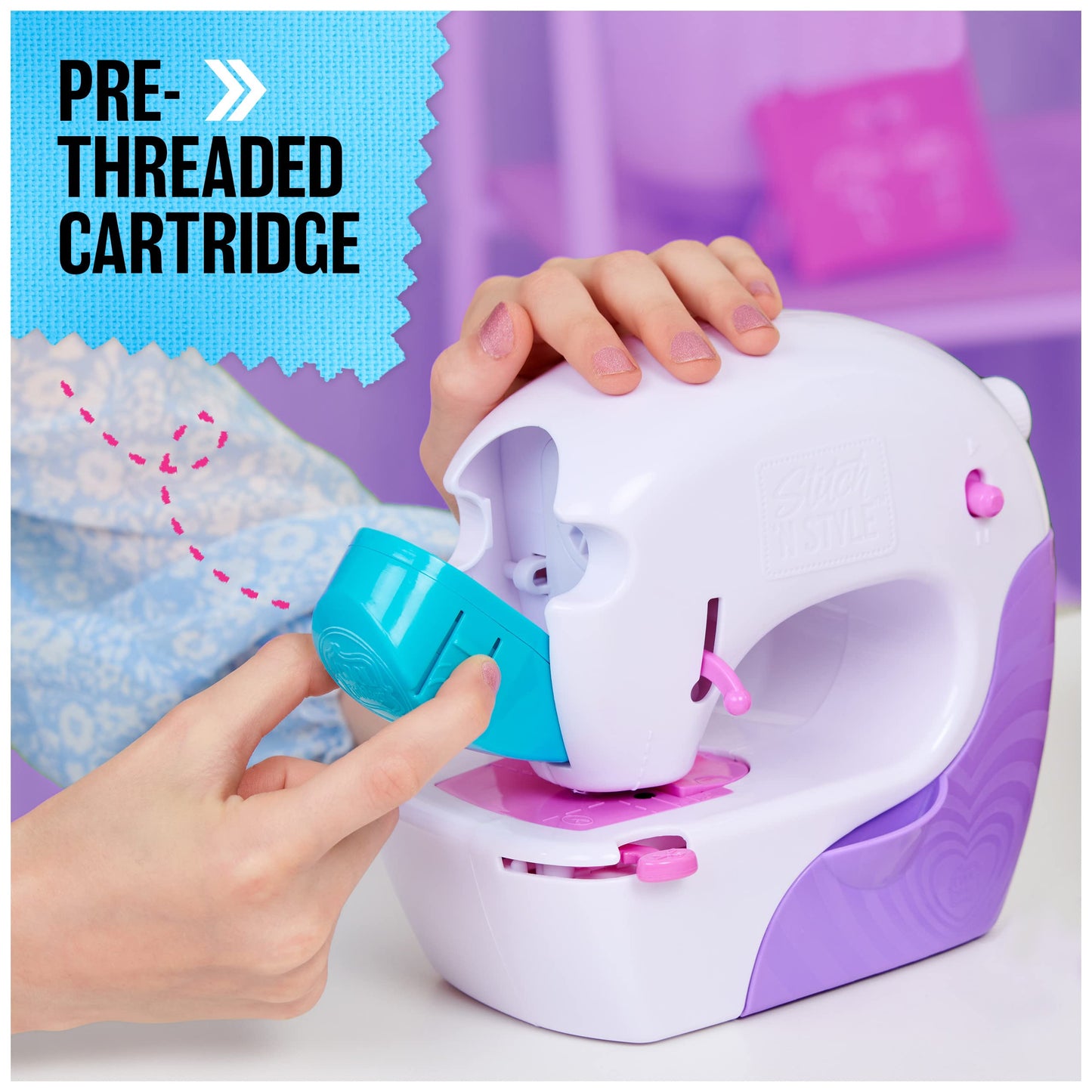 Cool Maker, Stitch ‘N Style Fashion Studio, Pre-Threaded Sewing Machine Toy with Fabric and Water Transfer Prints, Arts & Crafts Kids Toys for Girls