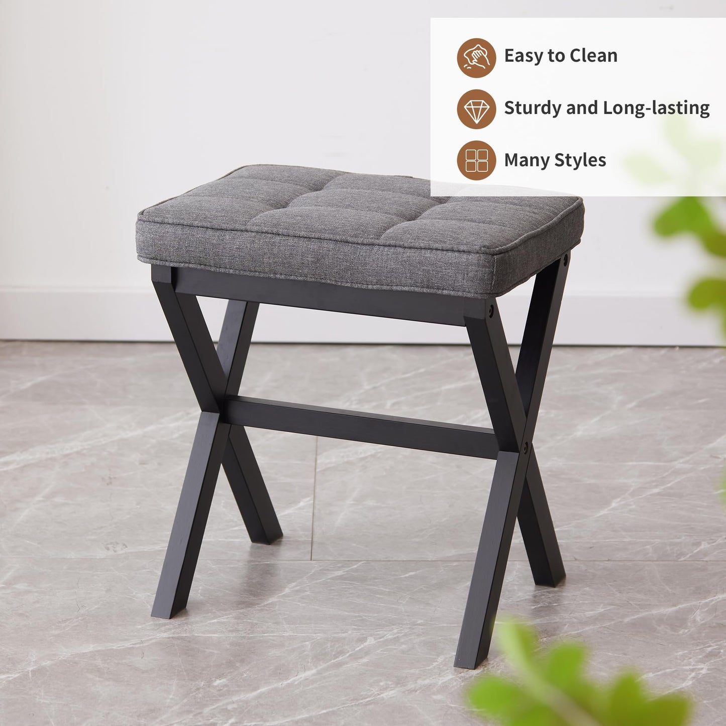 FILWH Foot Stool Small Ottoman Padded for Under Office Desk, Vanity, Sofa - Bamboo Footrest Shoe Stool (Black Legs + Gray)