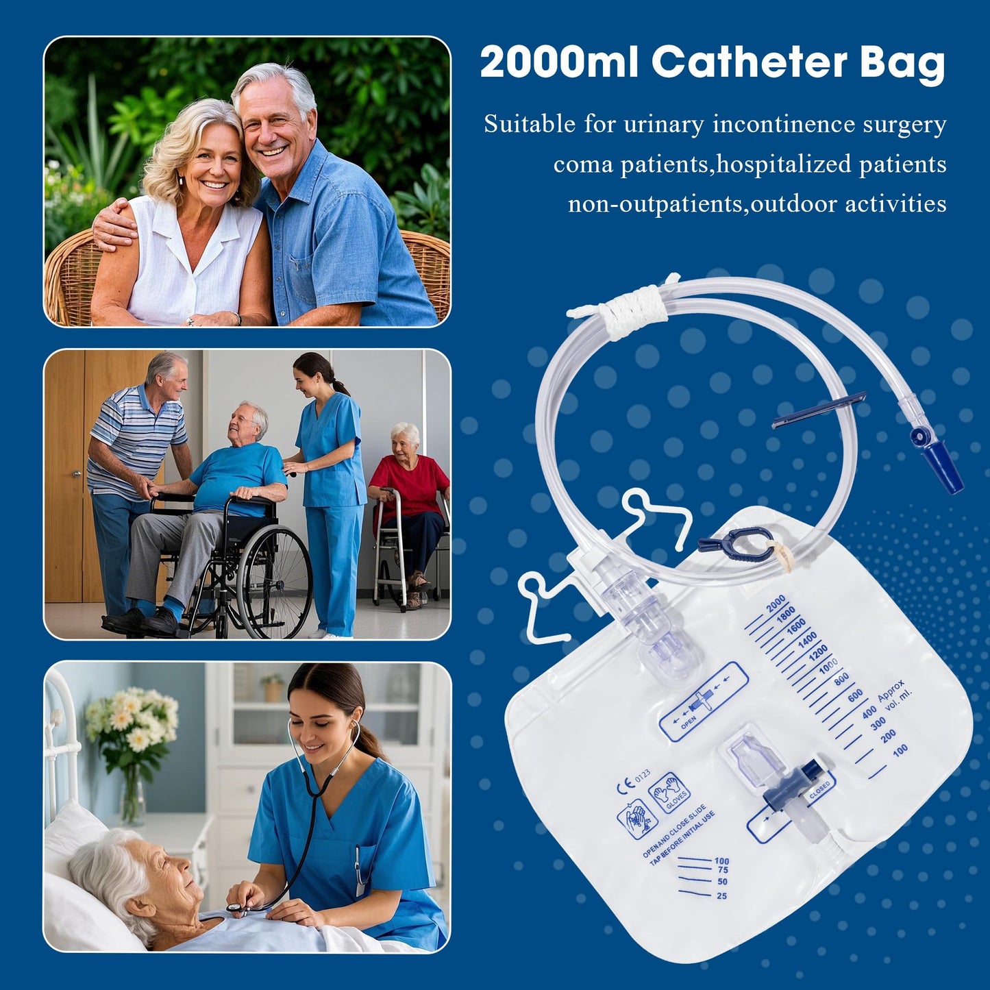 BeHerk 2000mL Catheter Bags for Men and Women 10 Pack Professional Urinary Drainage Bags with Enhanced Anti-Reflux Drip Chamber, 48” Thickened Drainage Tube, Adjustable Clips & Hanging Hook