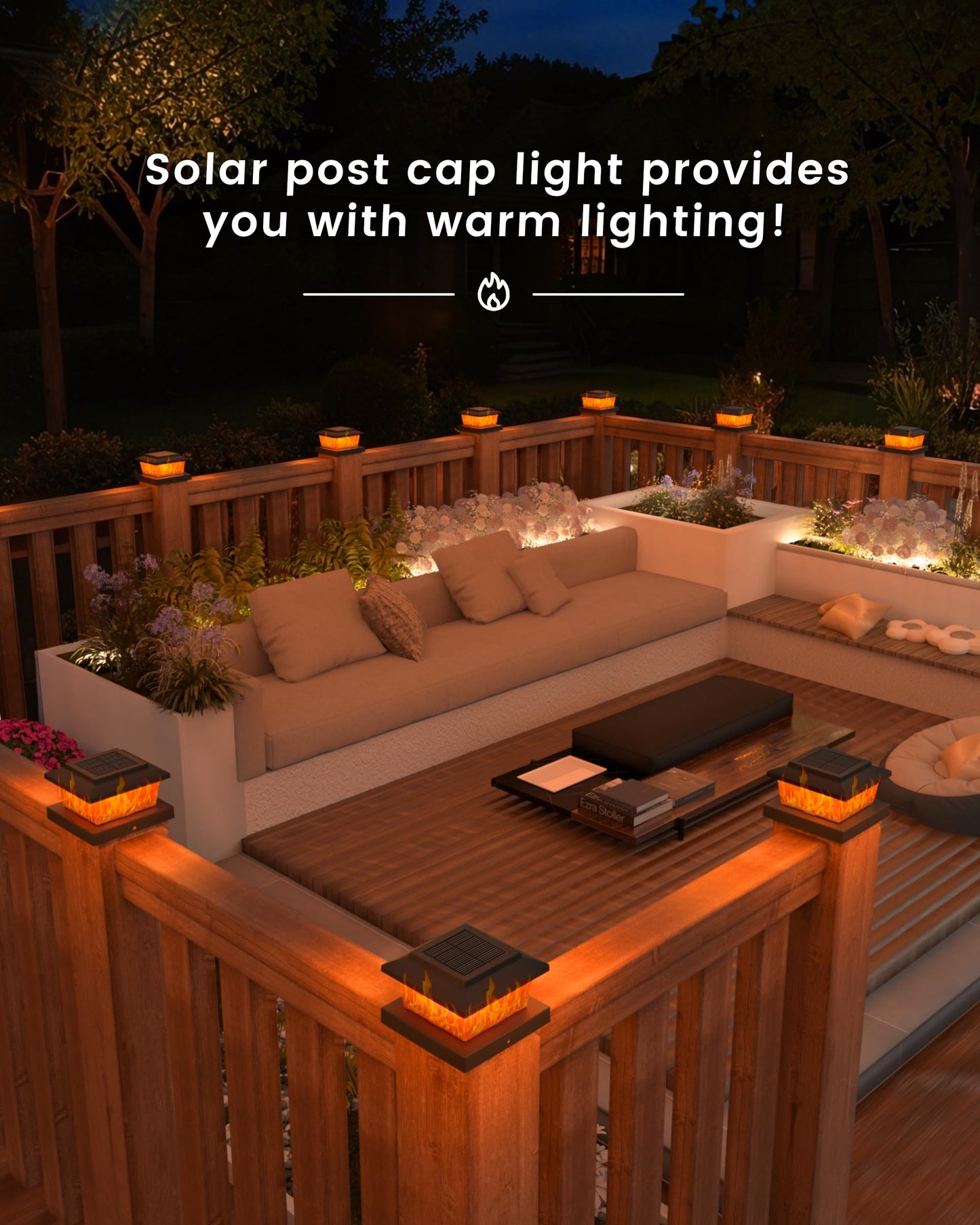 VOLISUN Solar Fence Post Cap Lights 6pack, Black Solar Deck Cap Flame Light Outdoor Waterproof, High Brightness Flickering Flame SMD LED Lighting, for 4x4 Wooden/4x4 5x5 Vinyl Post