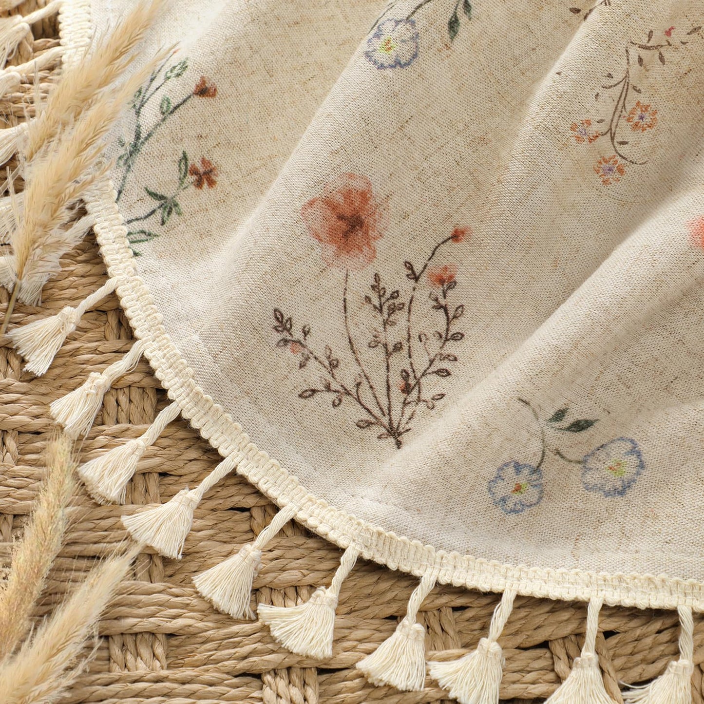 XOGUIBO Floral Farmhouse Vintage Linen Shower Curtain, French Country Spring Shower Curtains for Bathroom with Tassels, 72Wx72H