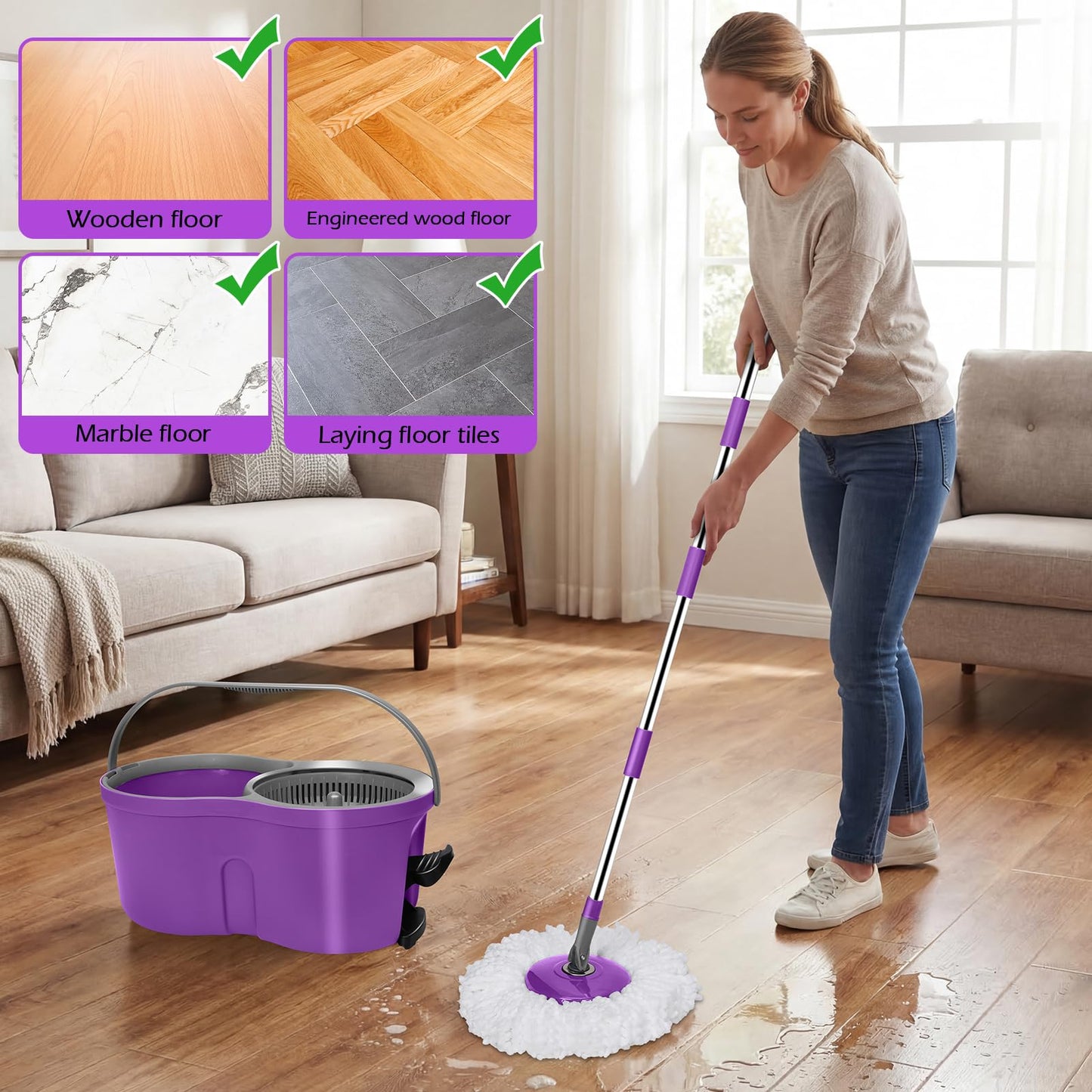 Almcmy Spin Mop and Bucket Set, Mop Bucket with Foot Pedal Wringer System, 3 Reusable Mop Refills, 130cm Long Handle, Easy Wring Magic Mop Floor Cleaning System, Purple