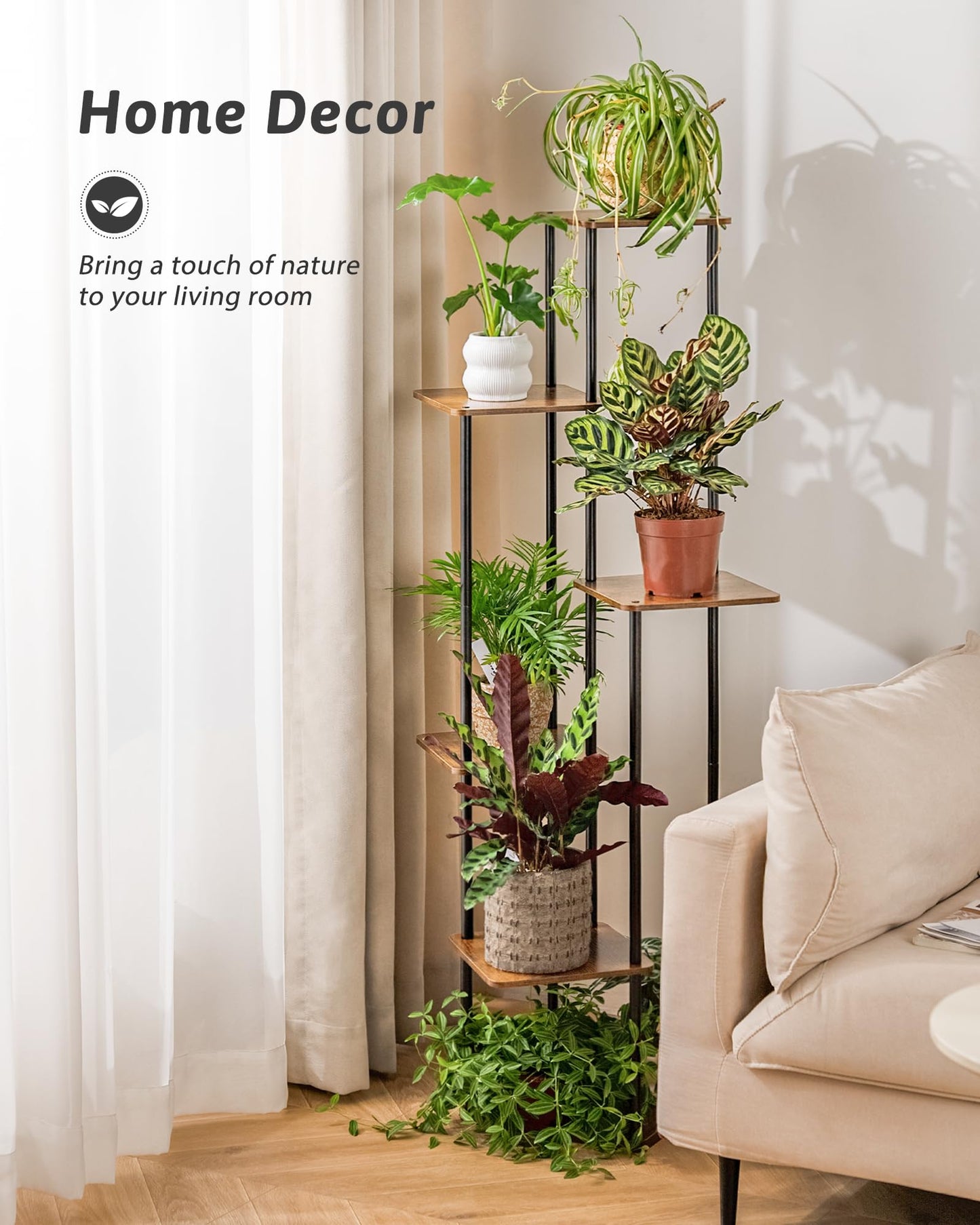 Tall Plant Stand Indoor 6 Tier Metal Plant Shelf for Multiple Plants Corner Plant Stand for Patio Garden Balcony Living Room Bedroom(Brown)