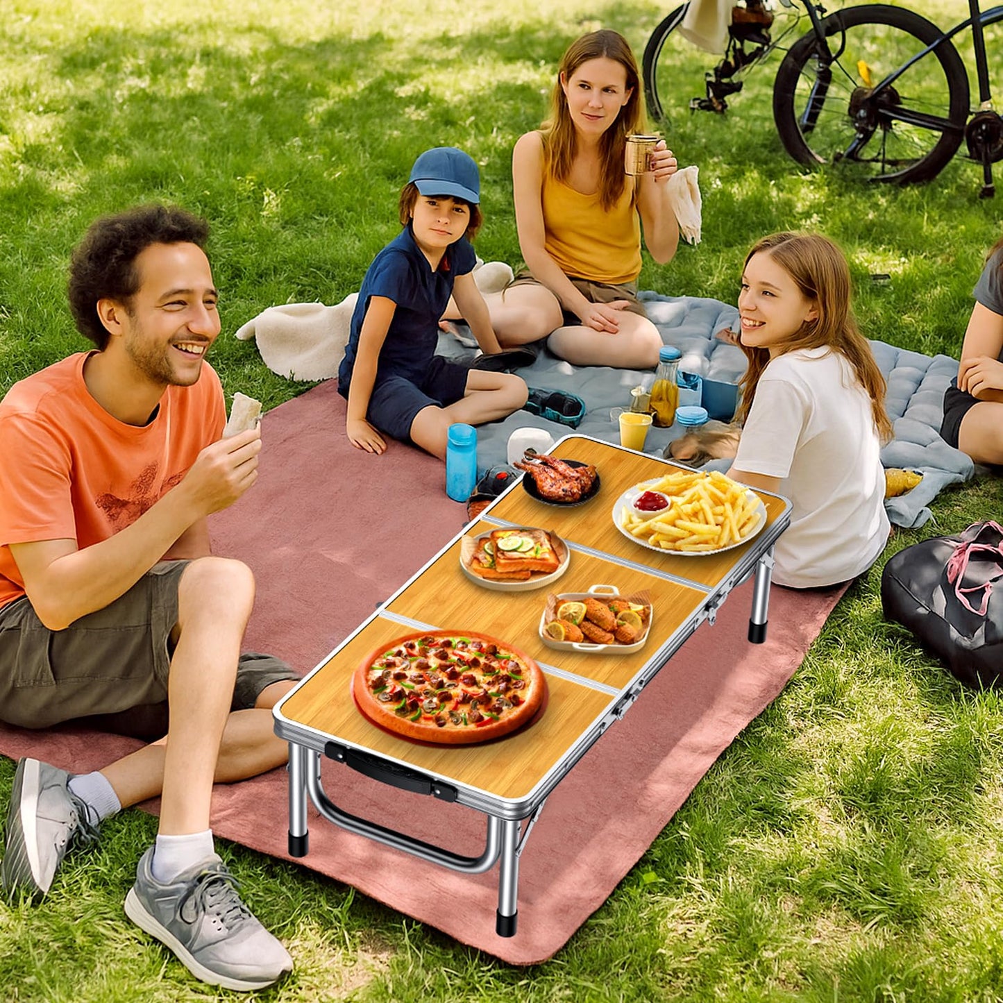 Anbte 3ft Low Folding Picnic Table, Thicker Aluminum Small Camping Table with Storage Bag, Portable Handle, Lightweight, for Camping Beach Party Picnic Floor, 34.2" x 15.7" x 10.3", Yellow