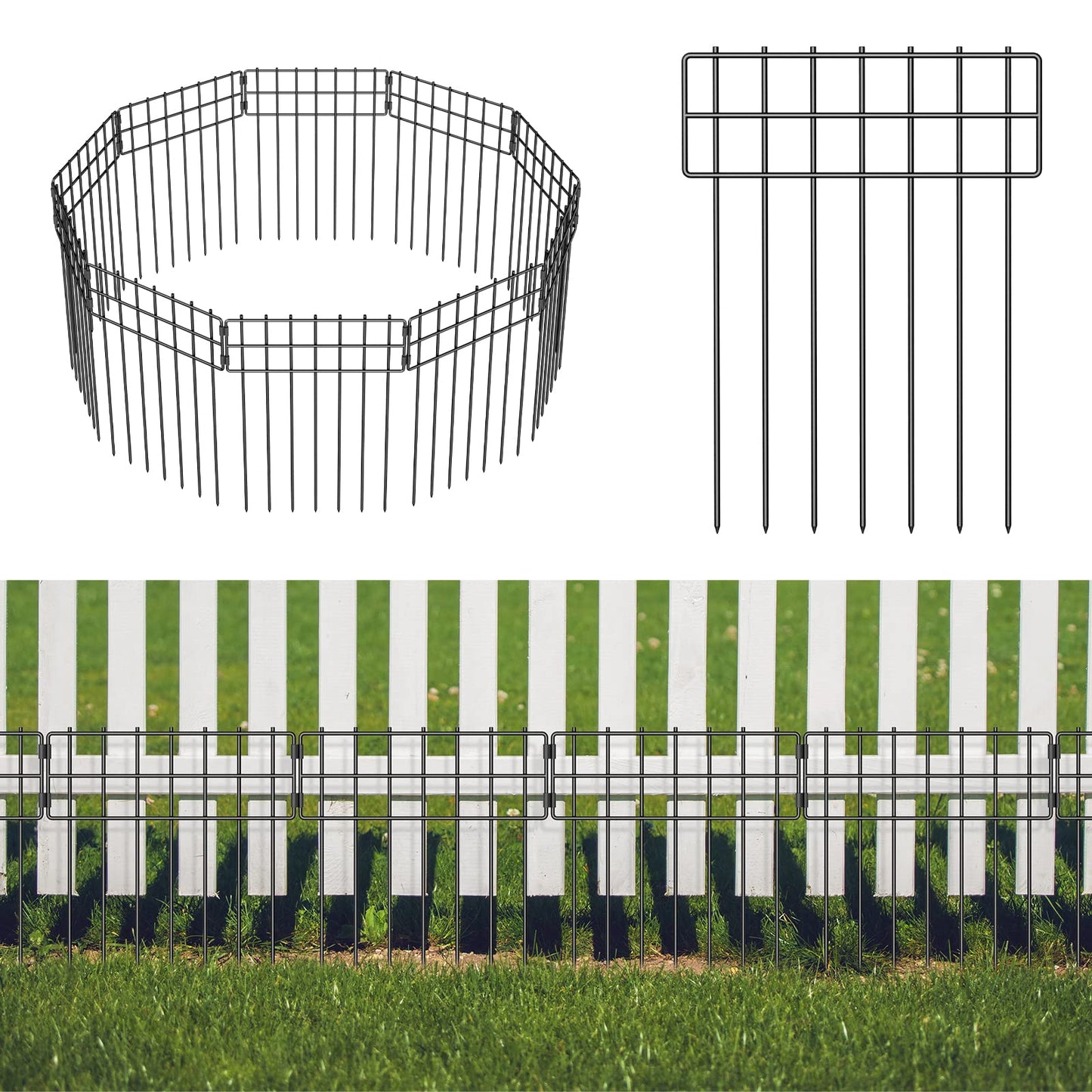 NANANARDOSO 10 Pack Animal Barrier Fence, 17 in(H) X Ft(L) No Dig Garden Decorative Fencing, Rustproof Metal Wire Panel Fence Border for Dog Rabbits Ground Stakes and Outdoor Landscape Yard Black