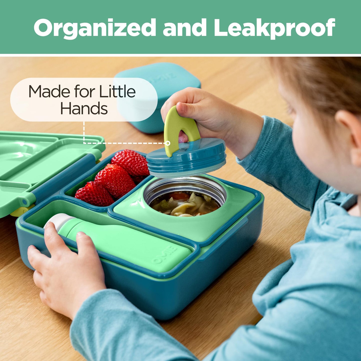 Omie OmieBox Bento Box for Kids - Insulated Lunch Box with Leak Proof Food Jar - 3 Compartments, 2 Temperature Zones - (Meadow)