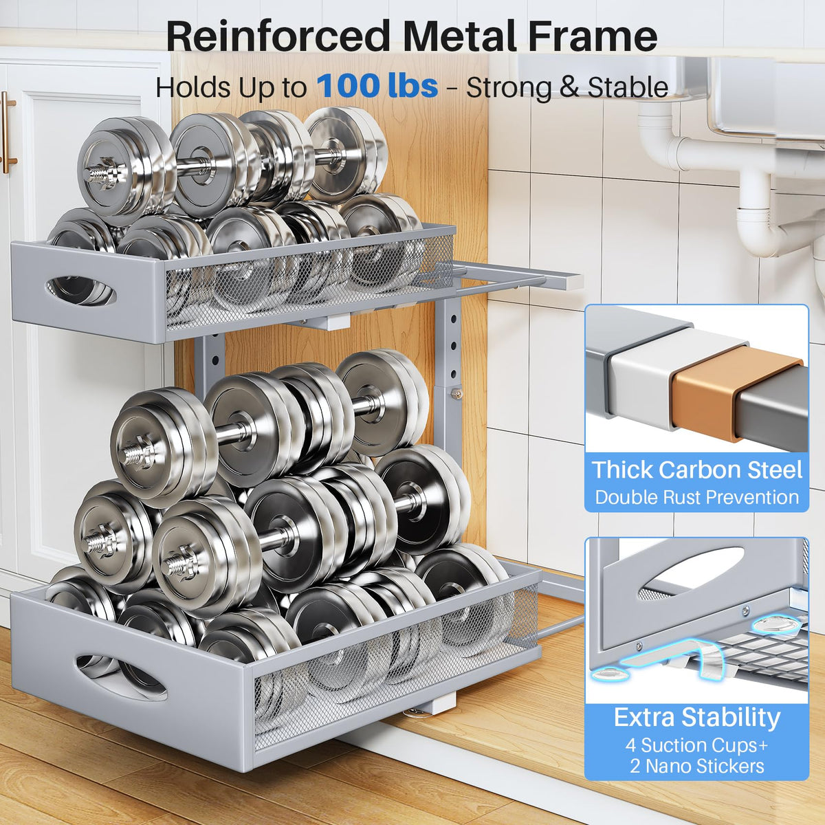 Under Sink Organizer, 2 Pack 2 Tier Pull Out Under Cabinet Organizer Shelf with Pad for Framed Cabinets, Metal Slide Out Under Sink Storage, Mesh Sliding Drawers for Kitchen Bathroom Laundry, Grey
