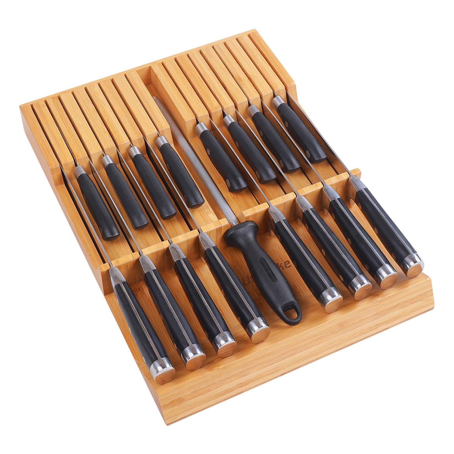Utoplike in-Drawer Knife Block Bamboo Kitchen Knife Drawer Organizer,Large Handle Steak Knife Holder Without Knives, fit for 16 Knives and 1 Sharpening Steel (16 Knife Organizer)