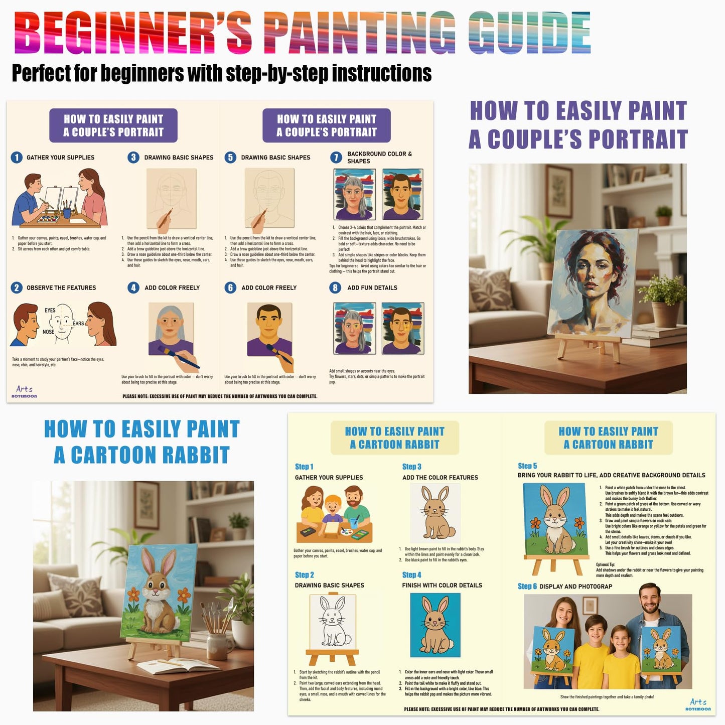 2 Pack Painting Set for Couples or Family Groups, 62 PCS Paint Set with 2 Table Easels,24 Acrylic Paints,6 Pre-Drawn & Blank Canvases,24 Brushes,2 Pencils,2 Palettes and Painting Guides