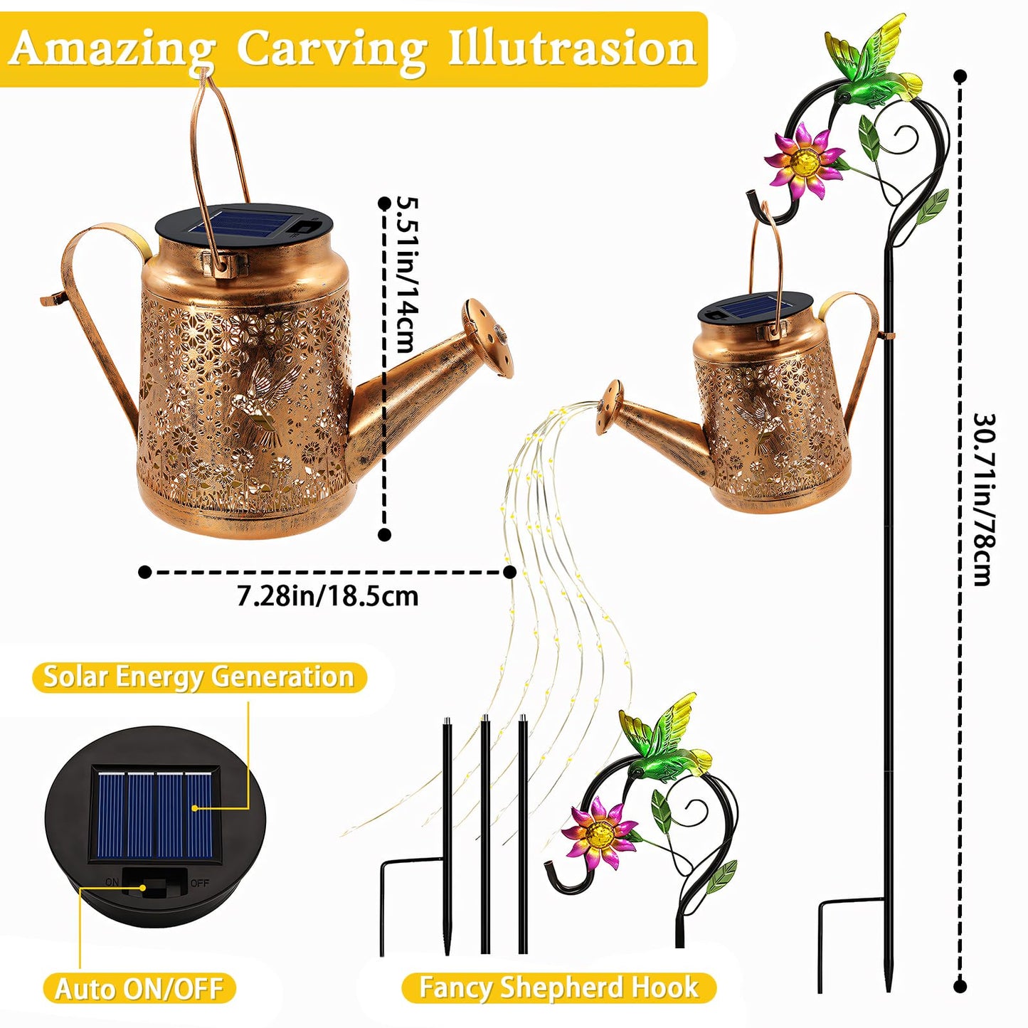 Solar Watering Can Lights, Hummingbird Hanging Lanterns Outdoor, Gardening Gifts for Mom Women Grandma Birthday, Waterproof Solar Lights Garden Decor for Outside Yard Art Patio Porch Lawn Backyard
