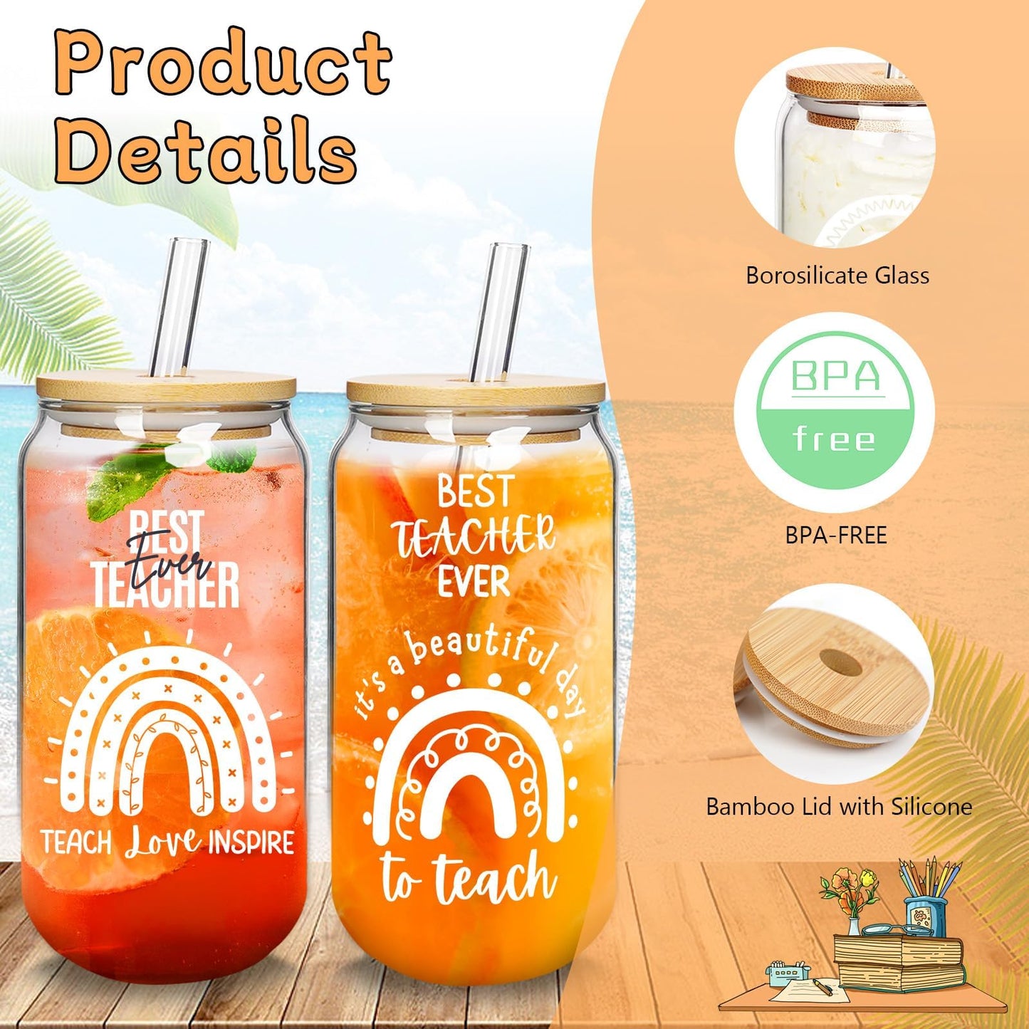 Teacher Appreciation Gifts in Bulk 4 Set– 24-Piece Set with 4 18oz Glass Cups, Bamboo Lids, Straws, Pens, Pouches & Thank You Cards – End of Year, Graduation, Back to School Gifts for Teachers