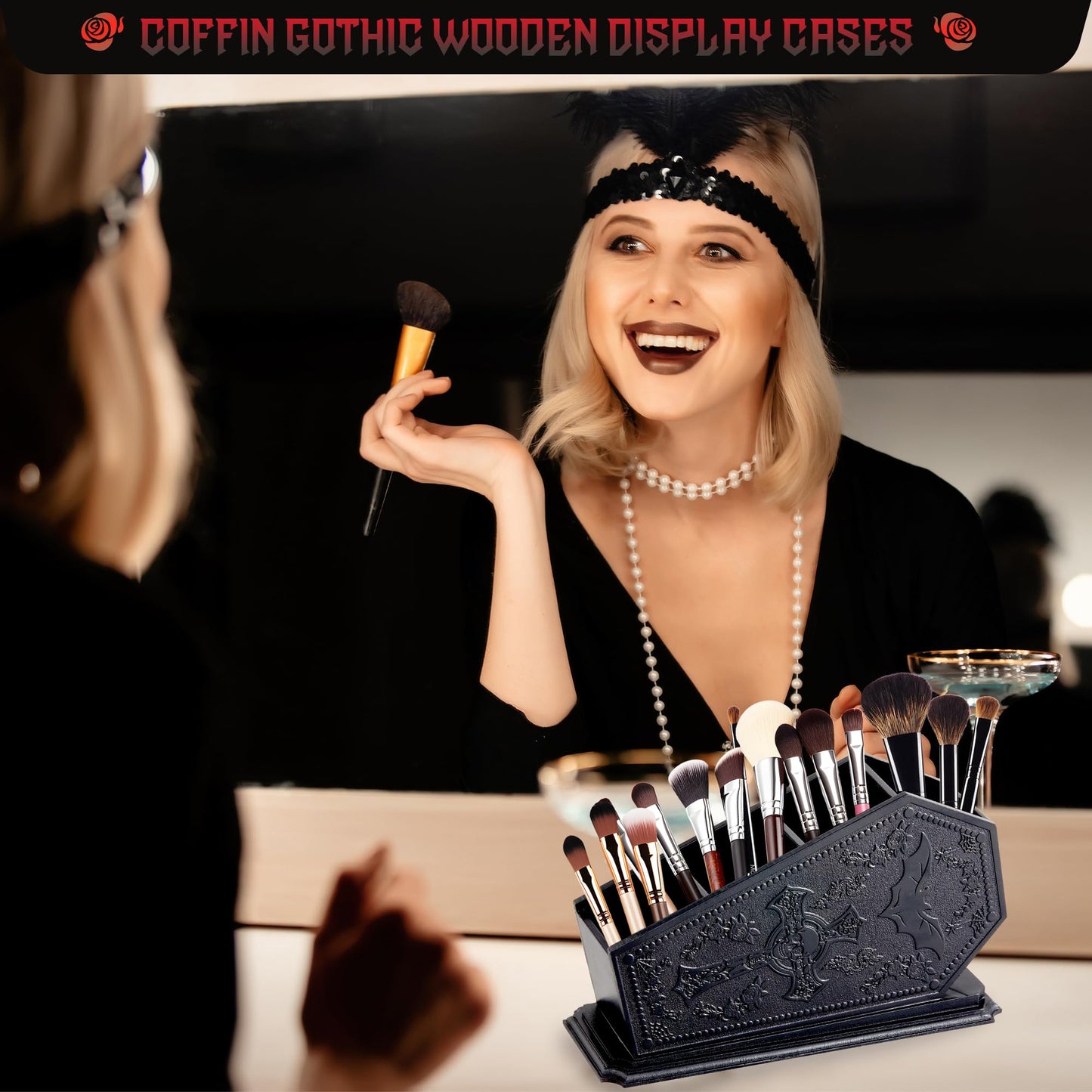 Coffin Decor Makeup Brush Holder,Spooky Witchy Gifts for Women,Skull Cosmetic Display Cases,Goth Decor Pen Holder, Vanity, Desk, Office Organizer for Bedroom Bathroom