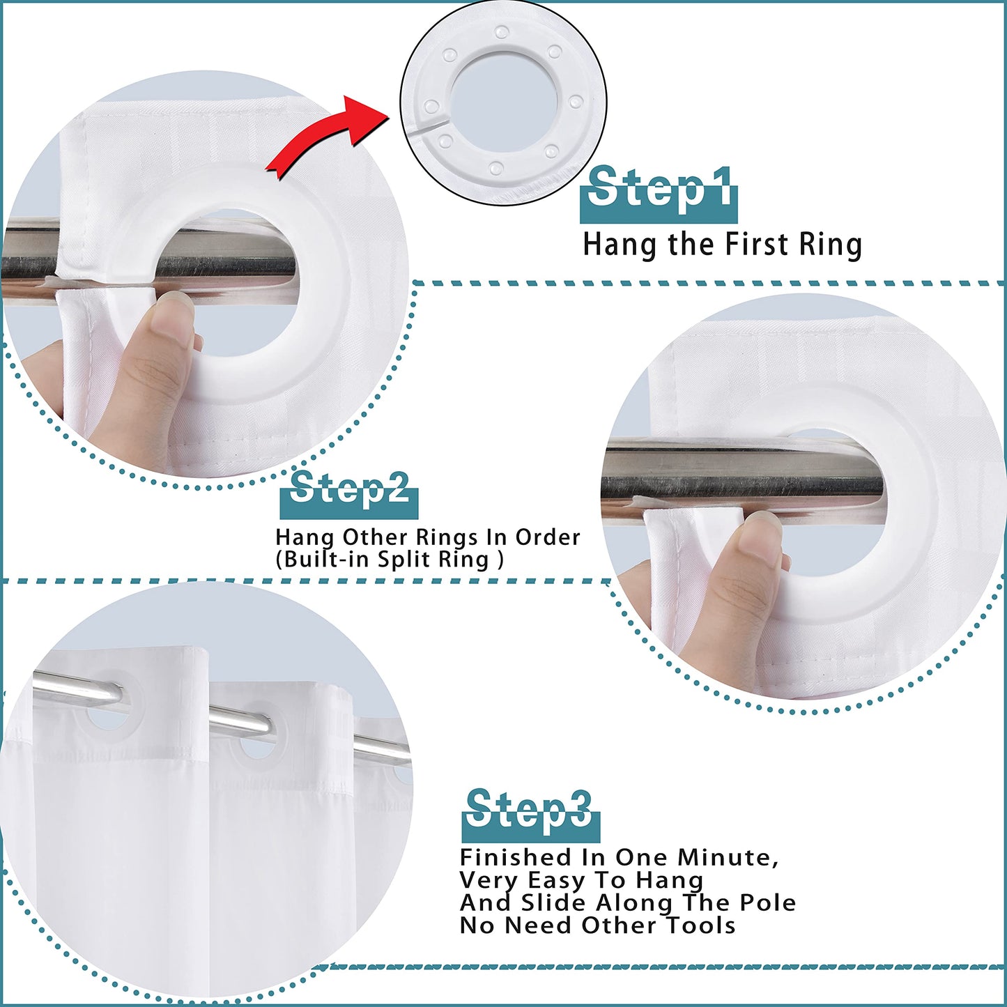 Conbo Mio Hotel Style Fabric Shower Curtain with Snap in Liner for Bathroom Machine Washable Waterproof Repellent Shower Curtain (Check-White, 71" W x 74" H)