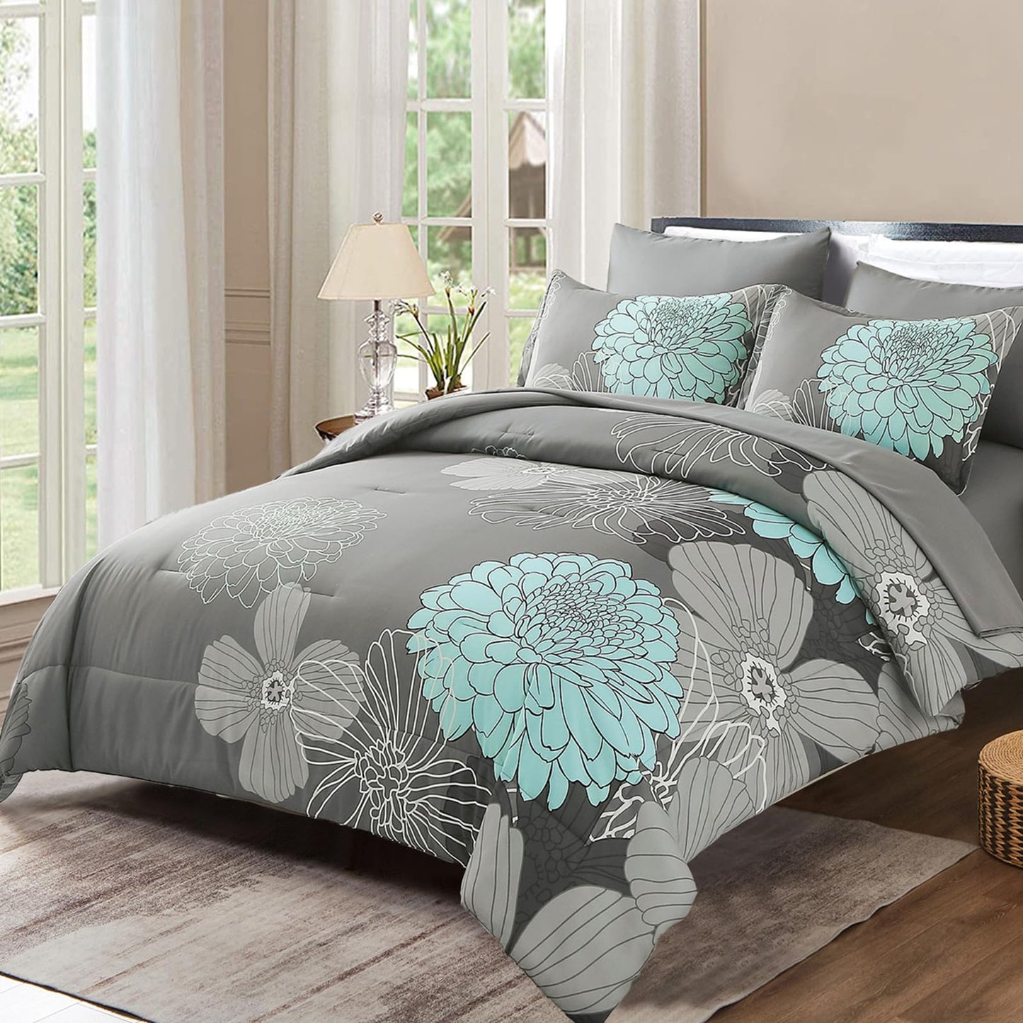 7 Pieces Bed in a Bag Floral Comforter Set Queen Flowers Bedding Set Soft Microfiber Comforter Sets with 1 Comforter 1 Flat Sheet 1 Fitted Sheet 2 Pillowshams and 2 Pillowcases