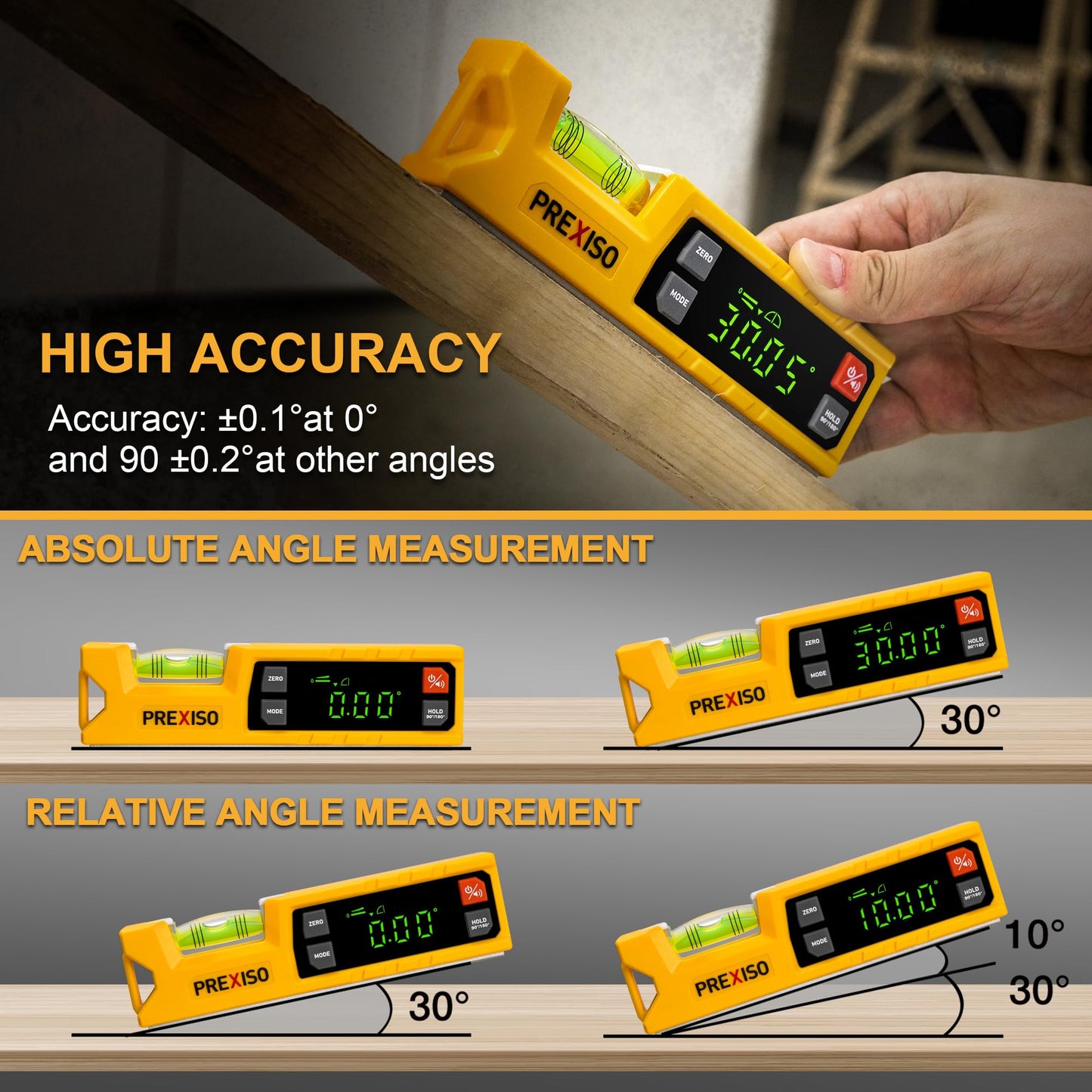 PREXISO Magnetic Digital Level & Protractor, 7 inch Angle Finder 0-90° & 0-180° Range, Electronic Bubble Inclinometer with Magnetic V-Groove & Audio Indicator for Woodwork, Home Drainage Leveling