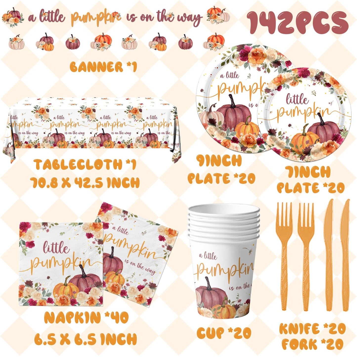 142Pcs A Little Pumpkin is On The Way Tableware-Fall Baby Shower Decorations