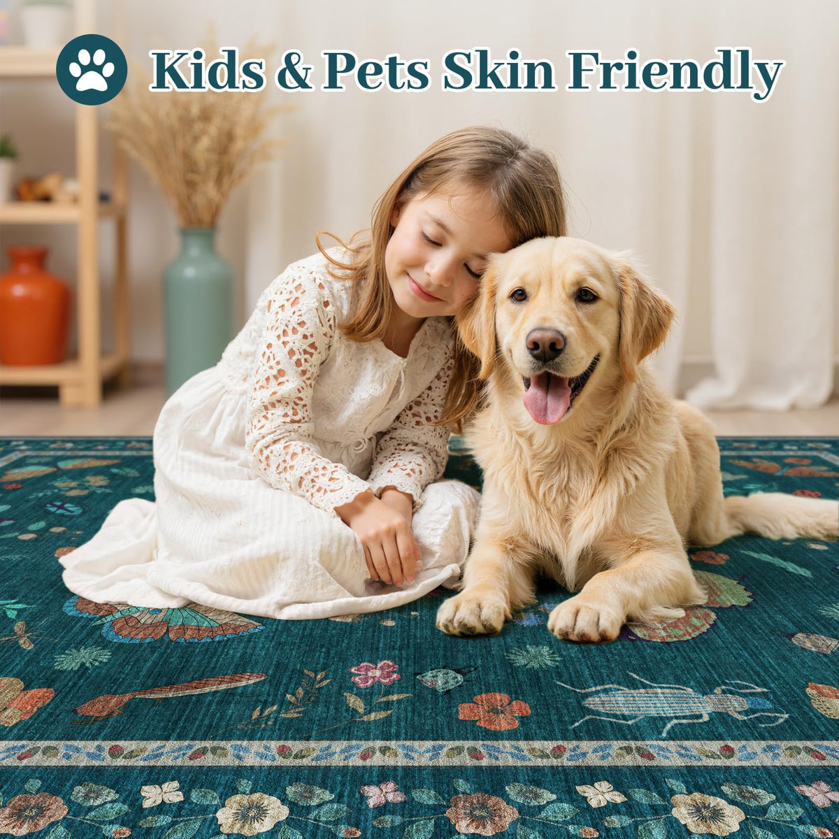 5x7 Washable Area Rug with Insect Print - Bug Rug Non-Shedding Stain Resistant Soft Carpet for Bedroom, Low Pile Ultra-Thin Machine Washable Carpet for Dining Room, Kids Nursery, Office (5'x7' Teal)