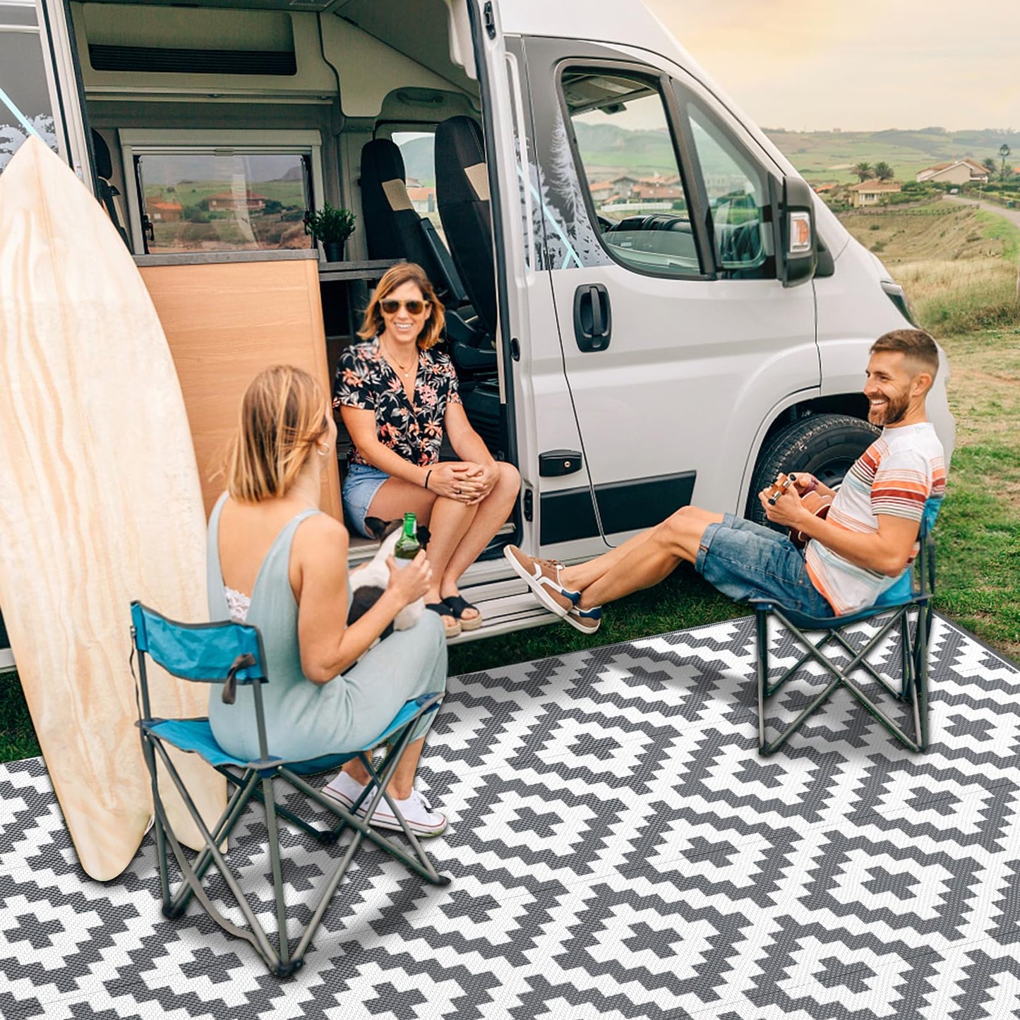 Mokani Reversible Large Outdoor Rug 8x10ft Waterproof, Geometric Anti-Slip Plastic Straw Outdoor Carpet Mat, UV Resistant Patio Rugs for Garden, RV, Deck, Camping, Picnic