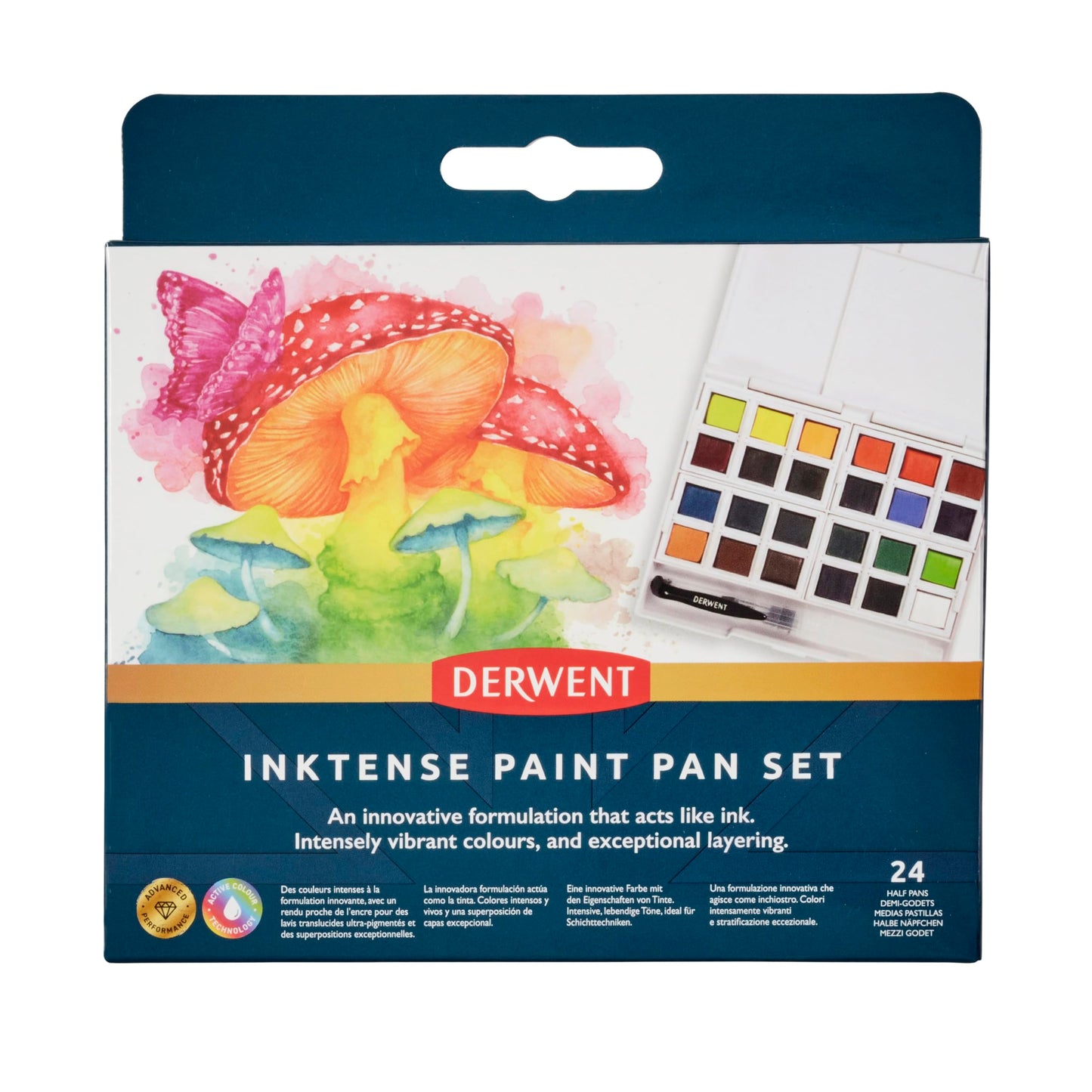 Derwent Inktense Studio Paint Pan Set, Includes Waterbrush, 24 Assorted Colours (2306318)