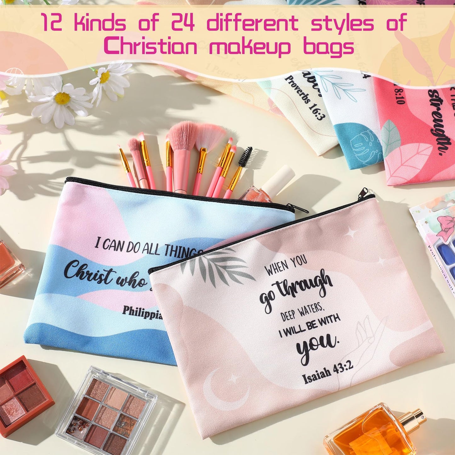 Qeeenar Christian Makeup Religious Bag Cosmetic Bags Inspirational Bible Verse Toiletry Pouch Canvas Motivational Pouch with Zipper for Women Organize Cosmetics Toiletries Stationery Supply(Boho)