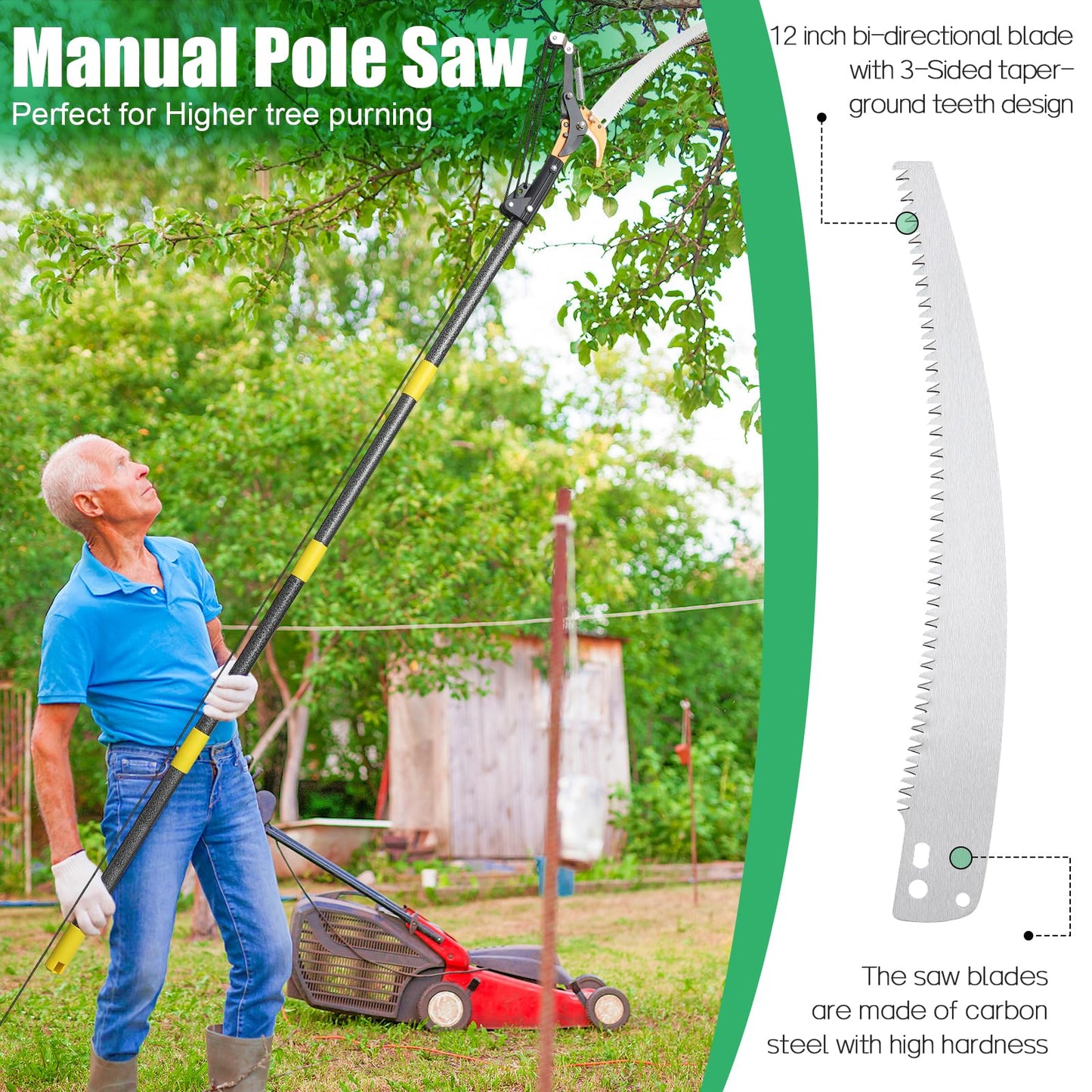 Pruning Pole Saws for Tree Trimming 12 Ft, Manual Tree Trimmer Long Handle Pruner, Tree Pruner with Extendable Pole, Trimmer Pole Saw Tree Pruner with Sharp Steel Blade for High Branches Trimming