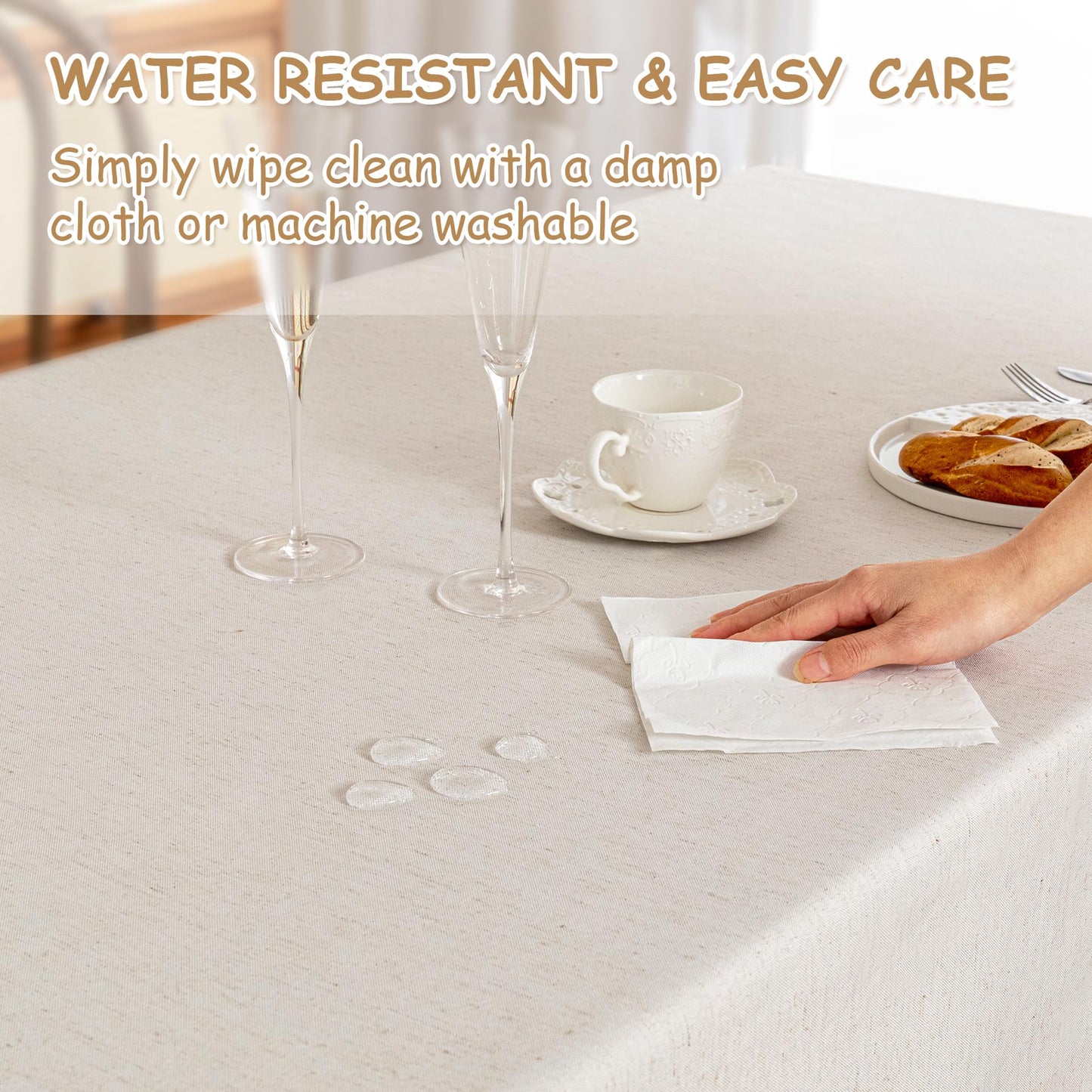 MYSKY HOME Faux Linen Table Cloth Nappe Table Rectangulaire 60x84 Inch, Boho Tablecloth Dustproof Table Cover for Kitchen Party Holiday Christmas Wedding Banquet, Beige with Beige Tassels