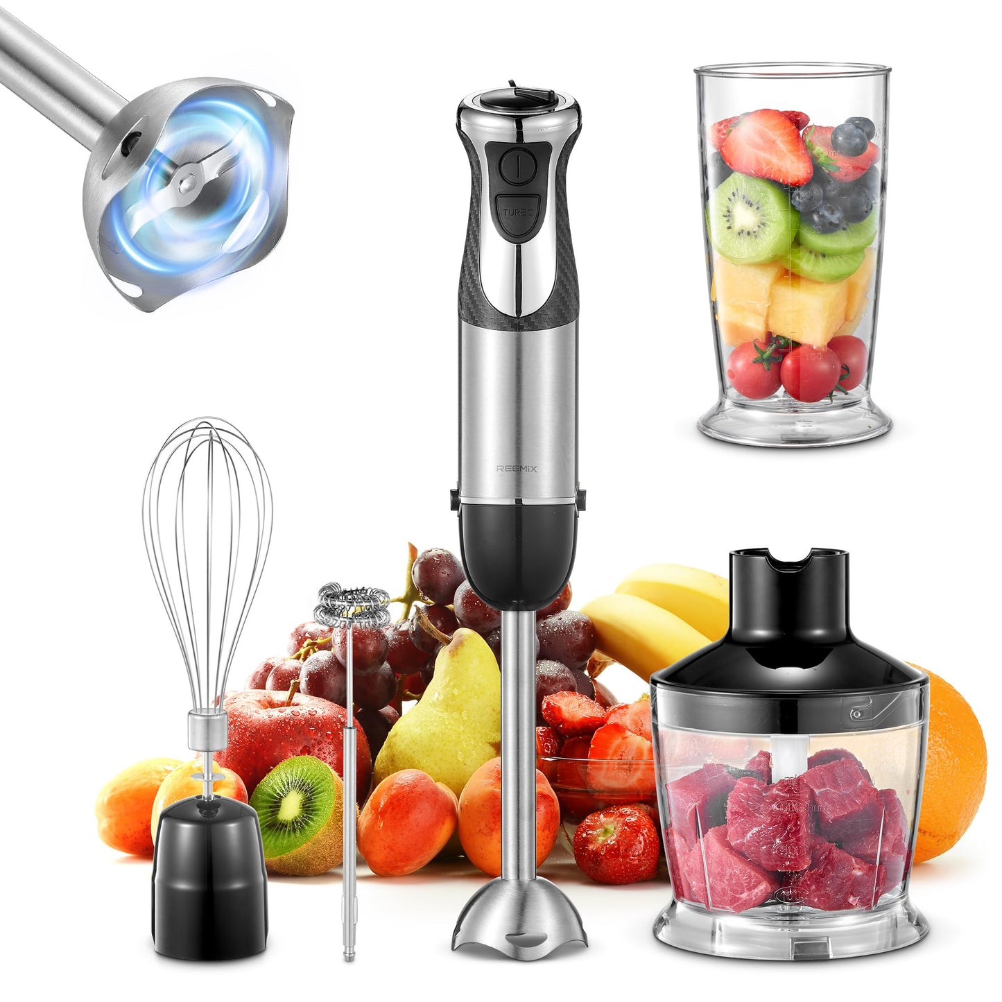 5-in-1 Hand Immersion Blender, 1000W Handheld Blender, Copper Motor Stainless Steel Blade Stick Blender, Mixing Beaker, Food Processor, Whisk, Milk Frother, for Smoothies Puree Baby Food (Black)