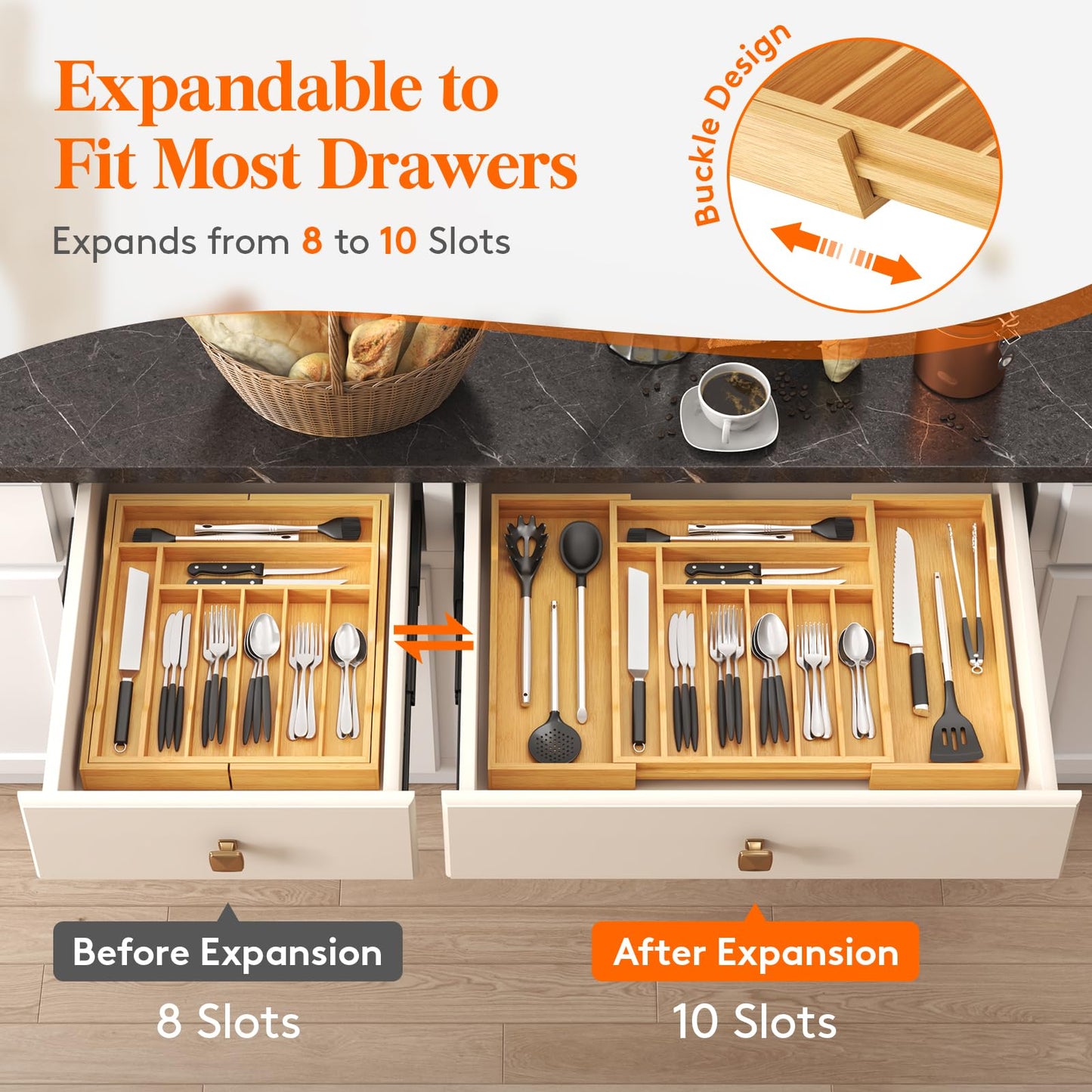 Lifewit Silverware Drawer Organizer, Expandable from 15.6 to 28", 10 Slots Utensil Tray for Kitchen, Bamboo Flatware and Cutlery Organizer, Wood Adjustable Storage for Spoons Forks Knives, Natural