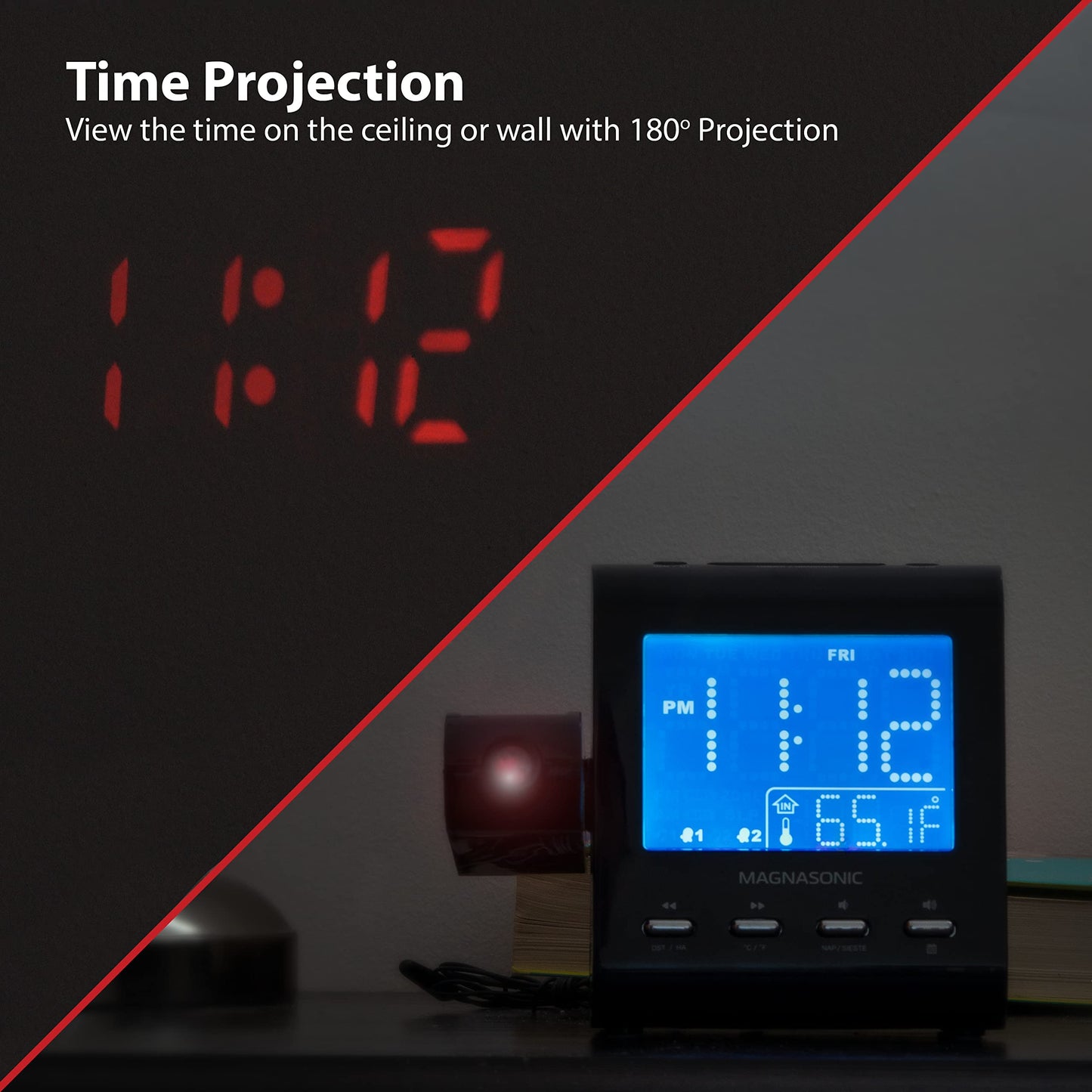 Magnasonic Projection Alarm Clock with AM/FM Radio, Battery Backup, Auto Time Set, Dual Alarm, Nap/Sleep Timer, Indoor Temperature/Date Display with Dimming & 3.5mm Audio Input - Black (EAAC601)