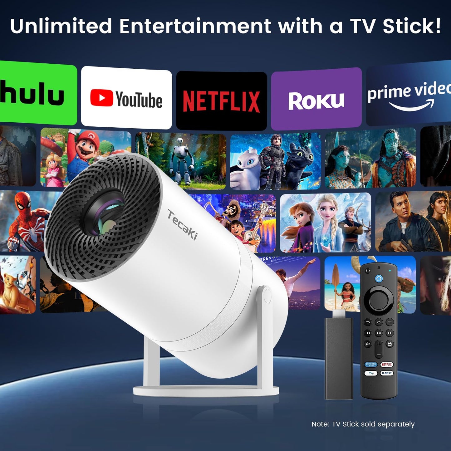 Tecaki Mini Projector Full HD 1080P, Portable Projector with WiFi and Two-Way Bluetooth, 180° Rotatable, Auto Keystone, Dust Removal Design, Compatible with Smartphone, TV Stick, HDMI